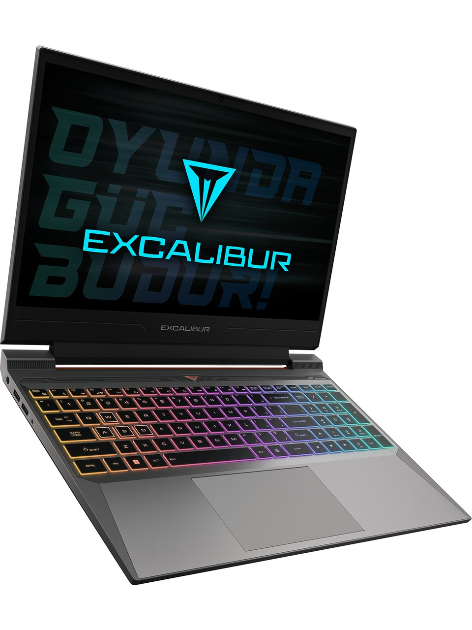 RGB klavyeli ve ekranda mavi logolu gri bir Excalibur oyuncu dizüstü bilgisayarı.