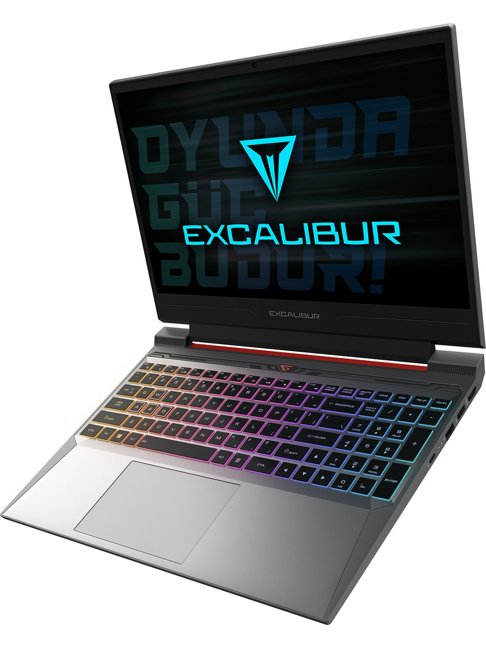 Arkadan aydınlatmalı klavyeye ve ekranda Excalibur logosuna sahip gri bir dizüstü bilgisayar.