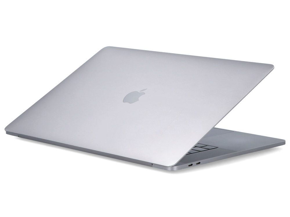 Srebrny laptop pokazany jest od tyłu, z logo Apple na pokrywie na gładkim białym tle.