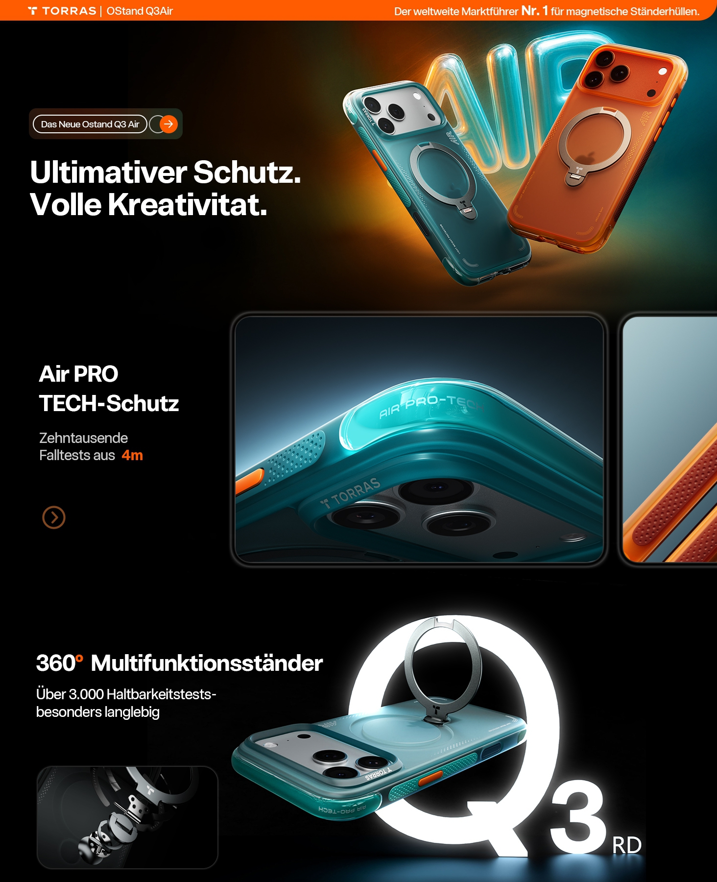 Werbebild für Torras OStand Q3Air Schutzhüllen mit Ständer in Blau und Orange.
