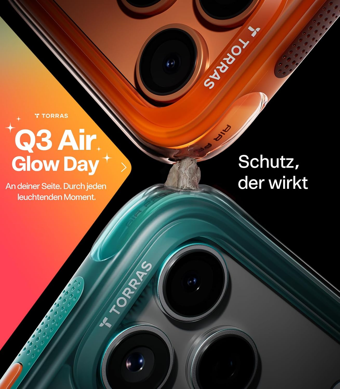 Zwei Handys in orangefarbenen und türkisen Hüllen mit Torras-Logo, links deutscher Werbetext.