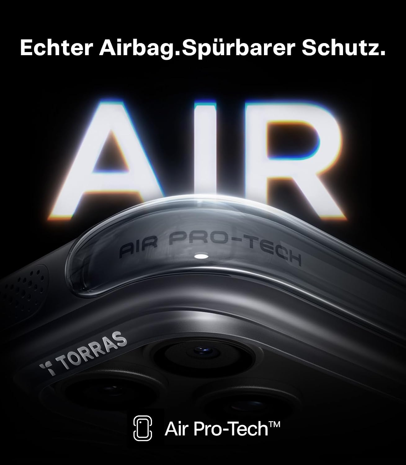 Eine schwarze Torras Handyhülle mit Air Pro-Tech E-Schutz, leuchtendem weißen AIR-Schriftzug und Werbetext.