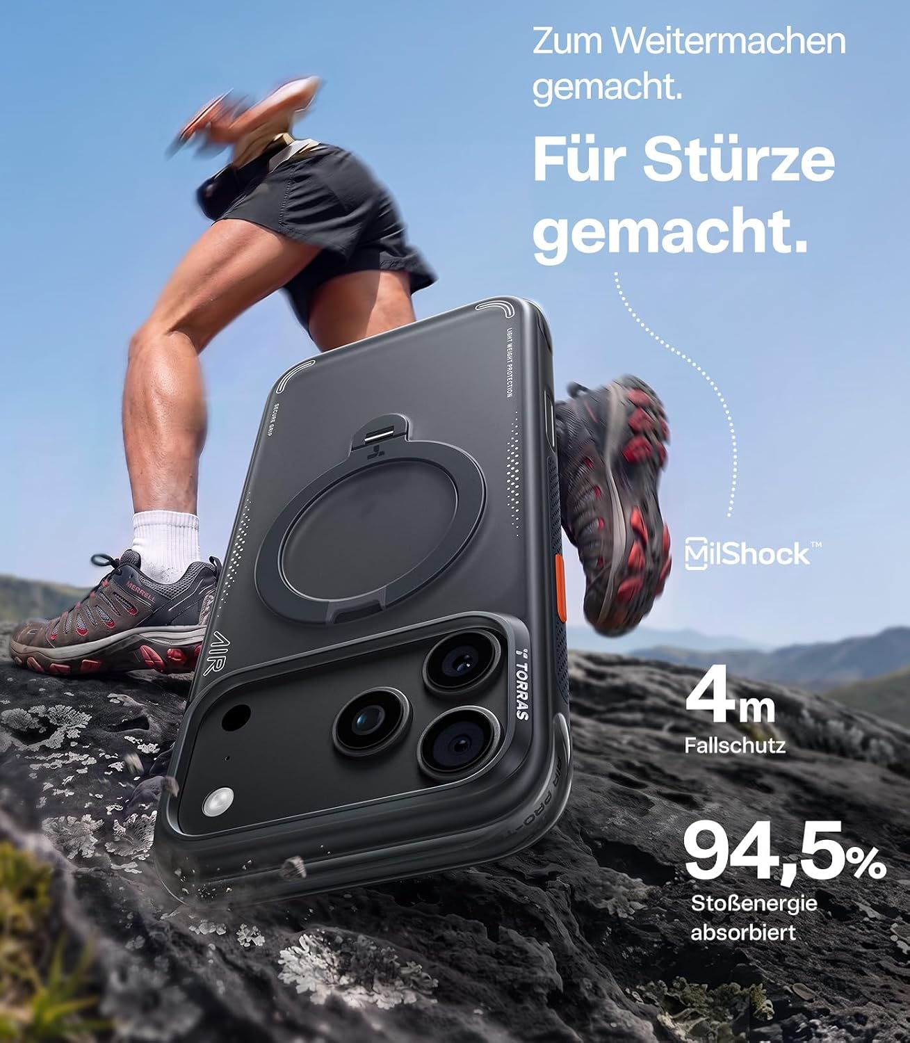 Eine Schutzhülle für ein Smartphone wird vor einer Bergkulisse mit einem Läufer gezeigt.