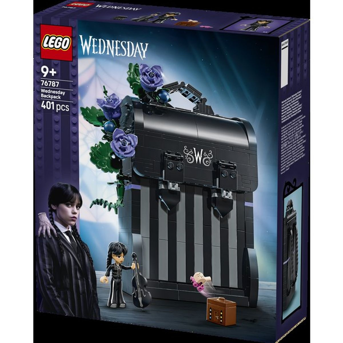 Siyah ve gri tasarımlı, mor çiçekli ve koyu arka plan üzerinde iki figürlü Lego Wednesday sırt çantası seti.