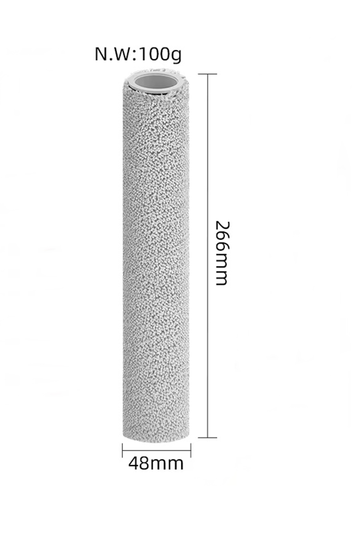 Gri boya rulosu yedeği, 266 mm uzunluğunda, 48 mm çapında, 100g ağırlığında.