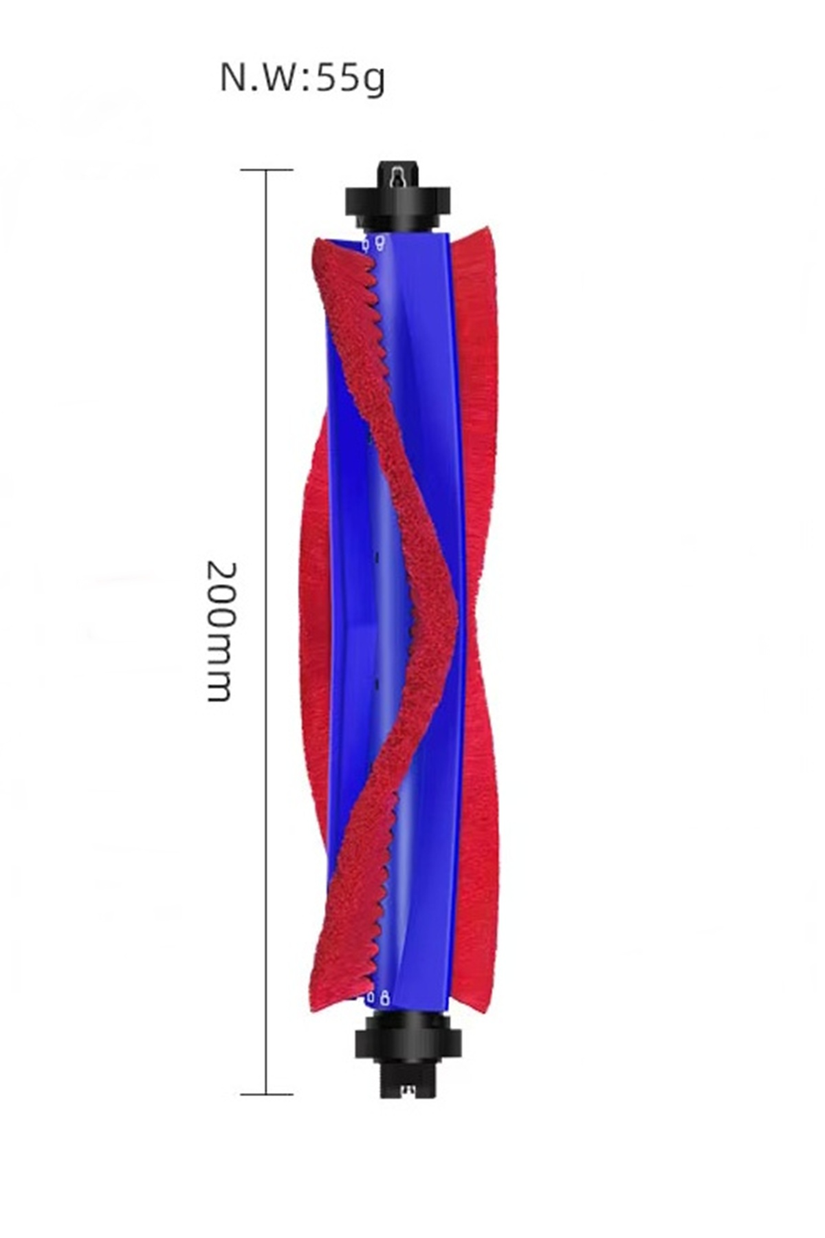 200 mm uzunluğunda ve 55 g ağırlığında mavi ve kırmızı elektrikli süpürge rulo fırçası.