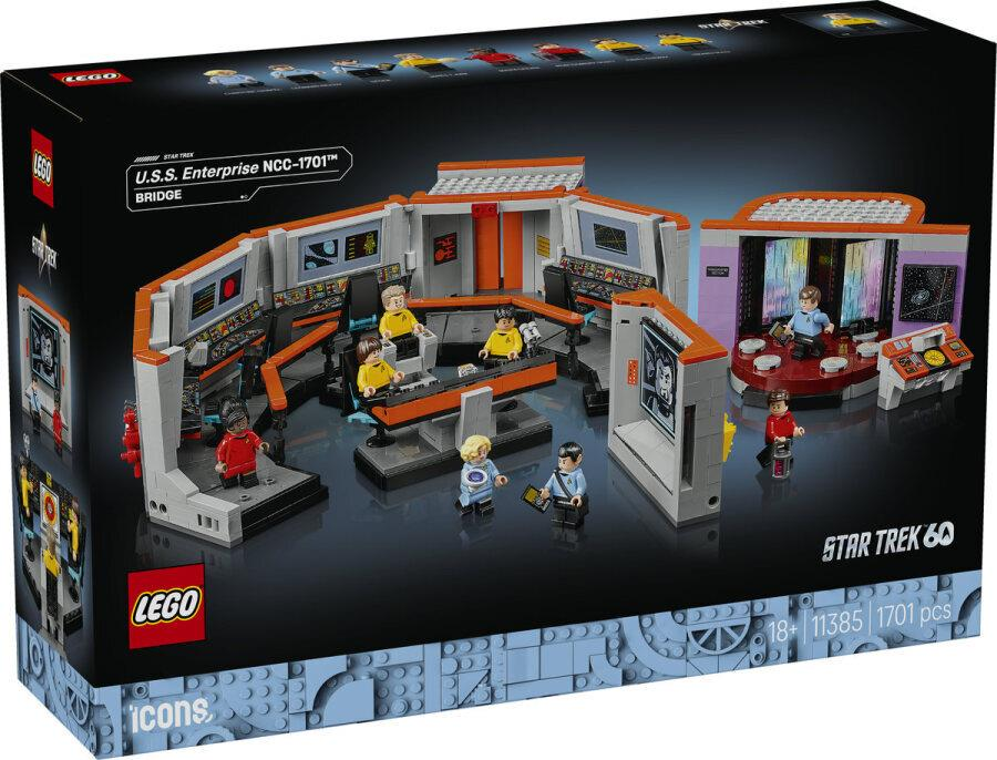Siyah ambalaj üzerinde minifigürlü Lego Star Trek U.S.S. Enterprise köprü seti.