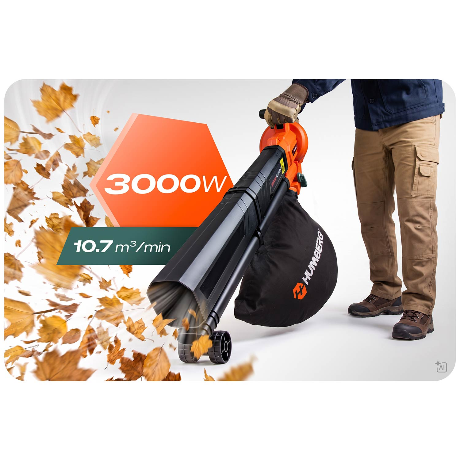Mężczyzna używa pomarańczowej dmuchawy do liści o mocy 3000W, wywiewając liście.