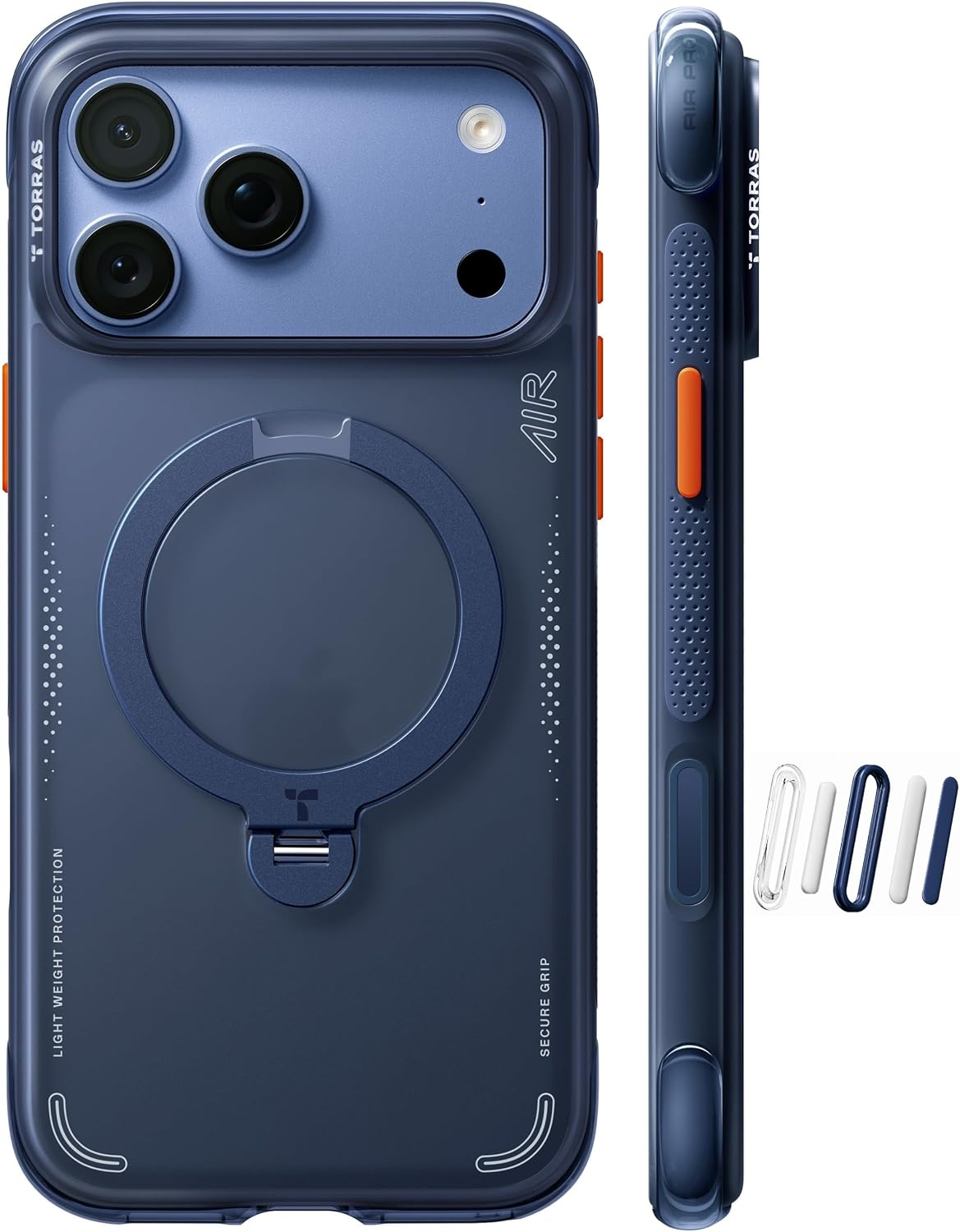 Blaue Smartphone-Hülle mit kreisförmigem Ständer auf der Rückseite, Seitenansicht und austauschbaren Tasten.