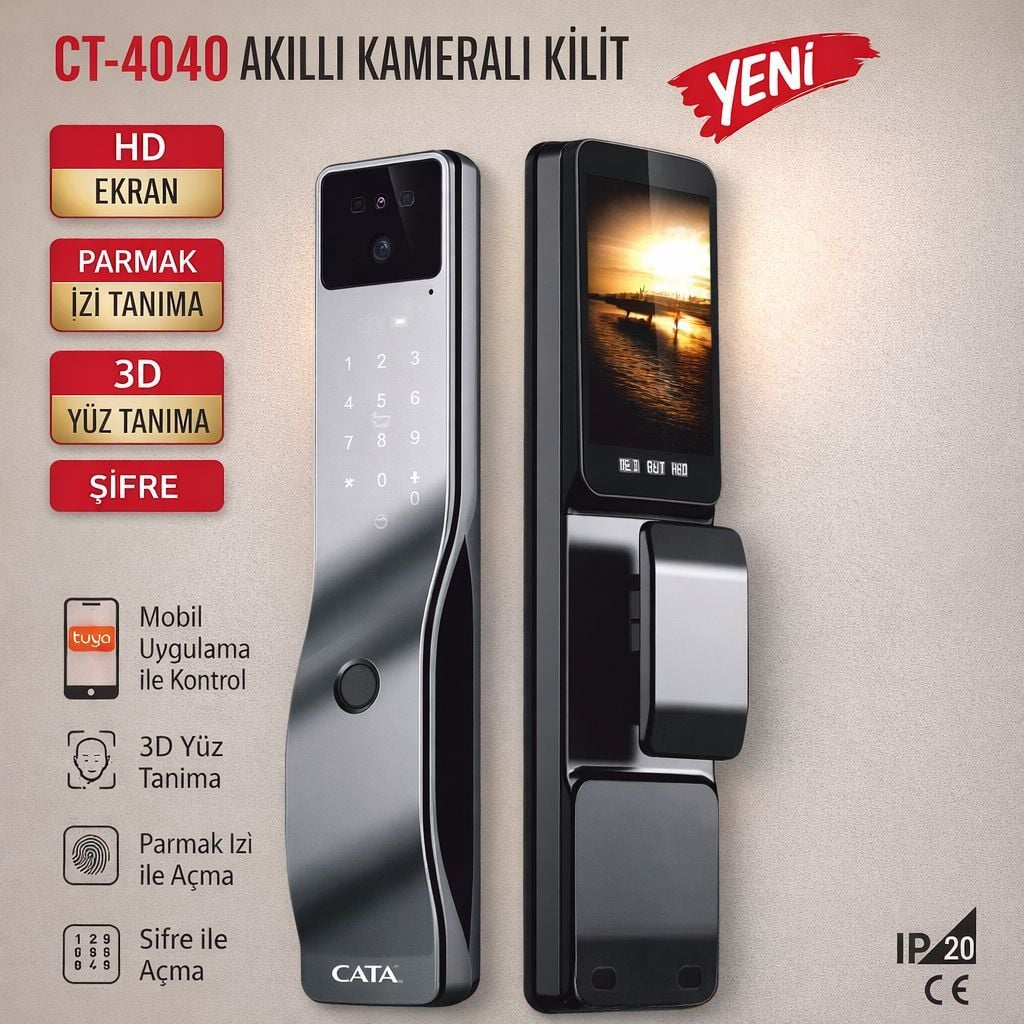 Kamera, tuş takımı ve ekranlı modern gri ve siyah CATA CT-4040 akıllı kapı kilitleri.