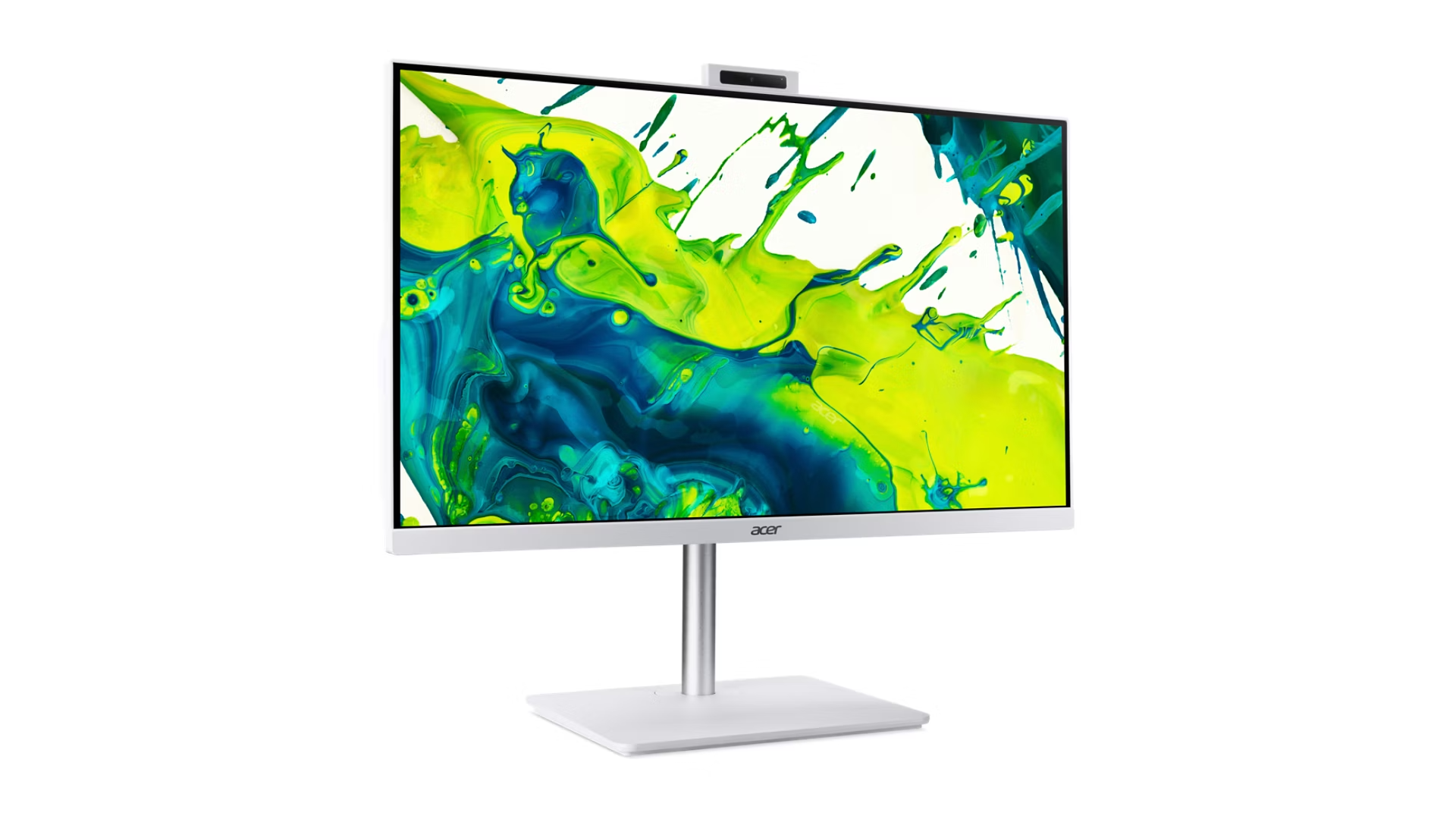 Monitor Acer bianco con supporto sottile e grafica colorata.