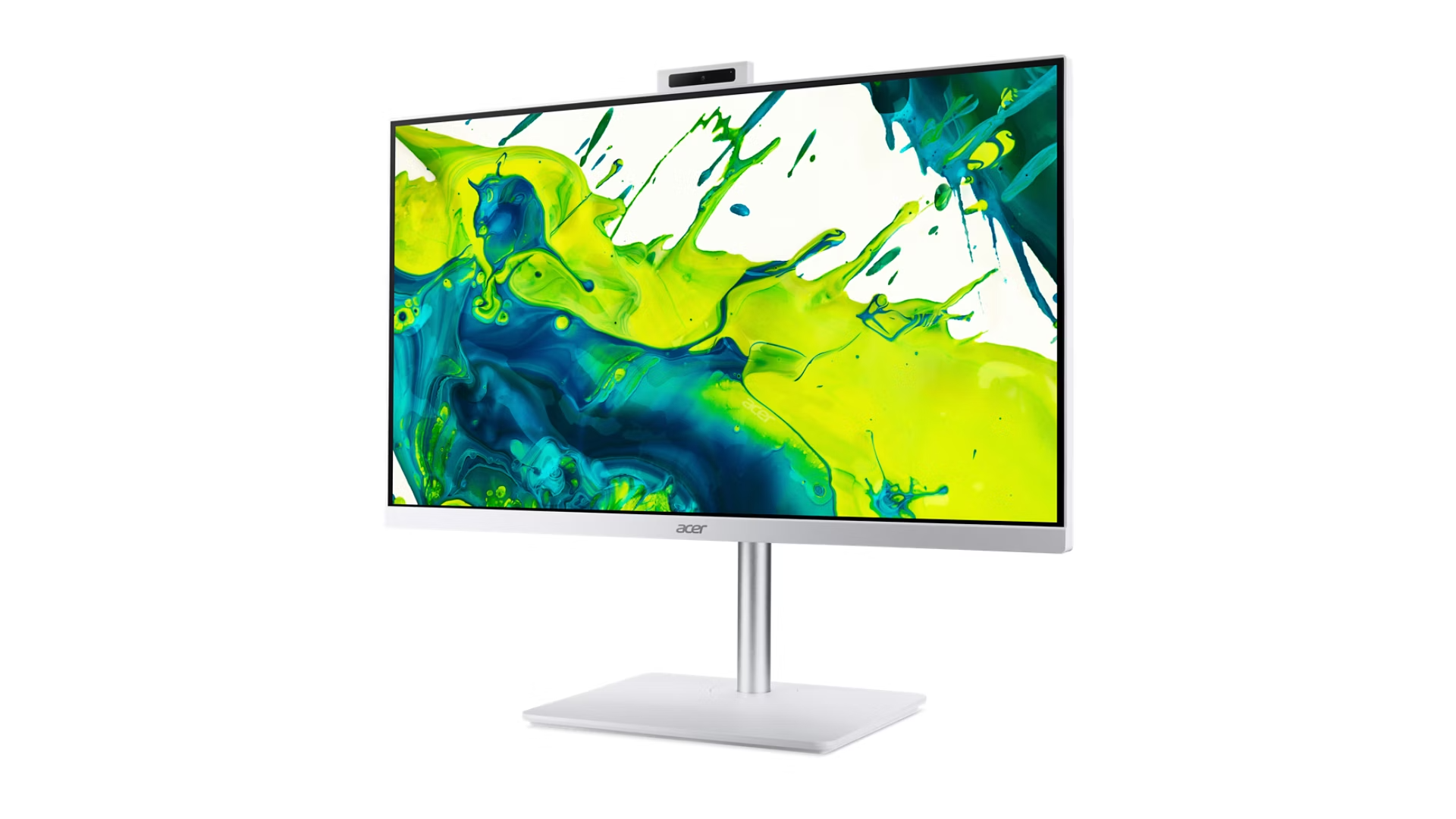 Un monitor bianco Acer con supporto sottile e grafica colorata con schizzi di pittura sullo schermo.