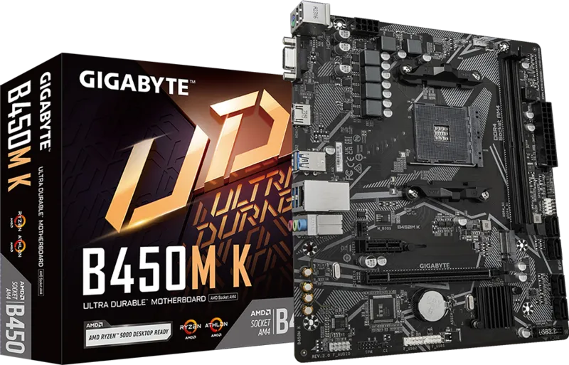 Gigabyte B450M K Mainboard neben der Produktverpackung auf schwarzem Hintergrund.