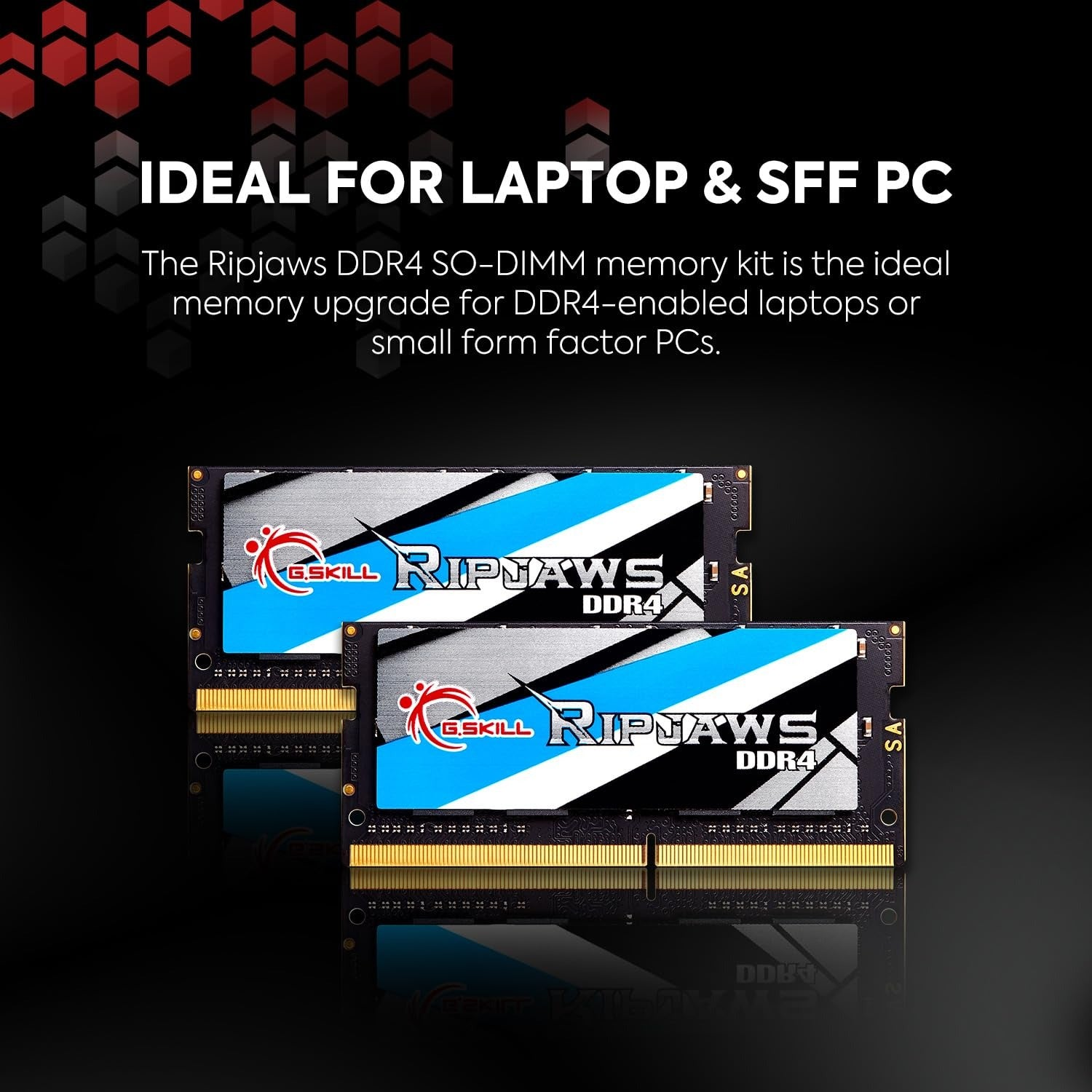 Due moduli di memoria G.Skill Ripjaws DDR4 SO-DIMM su sfondo nero con testo.