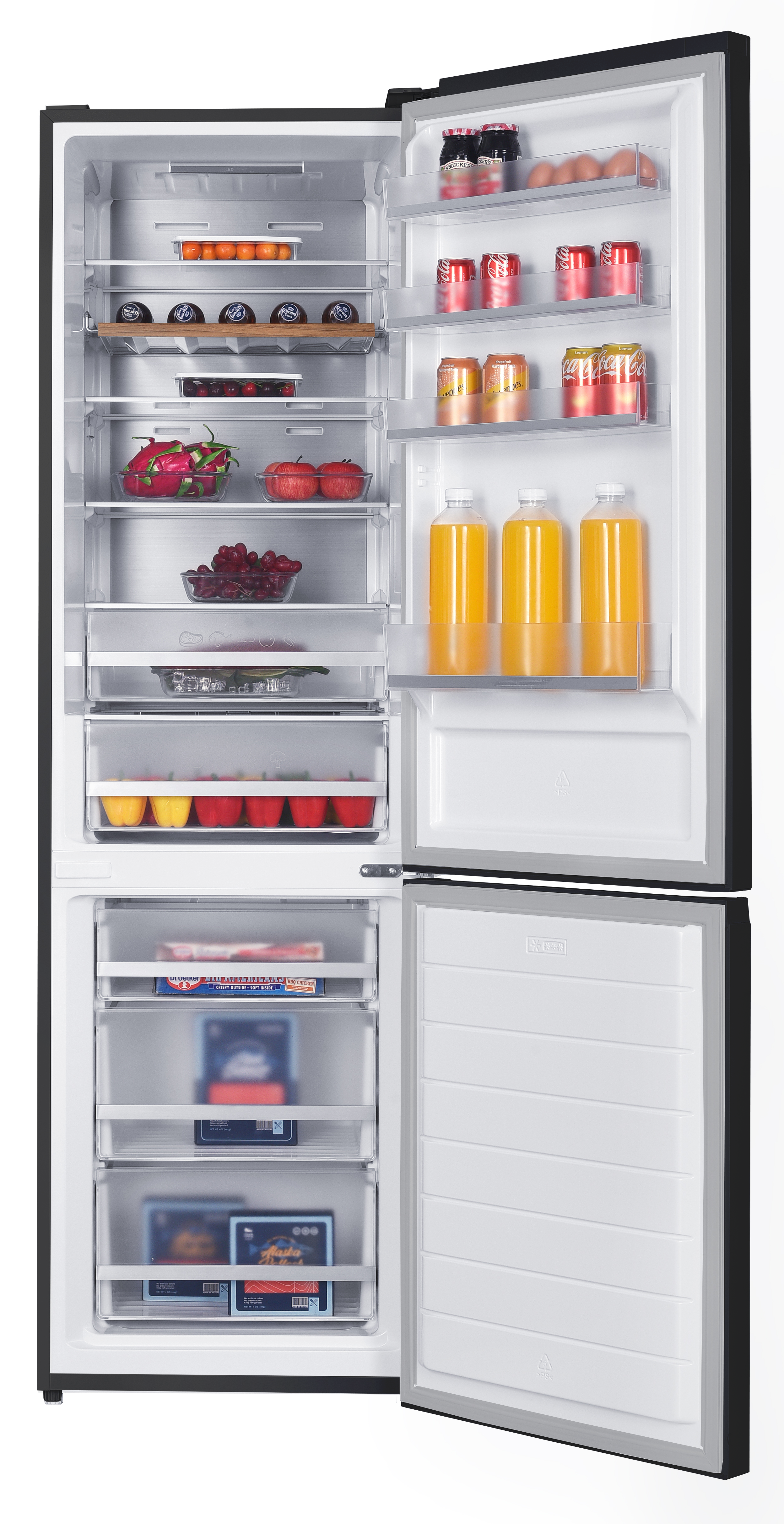 An open black and white refrigerator stocked with fresh food, drinks, and fruits.