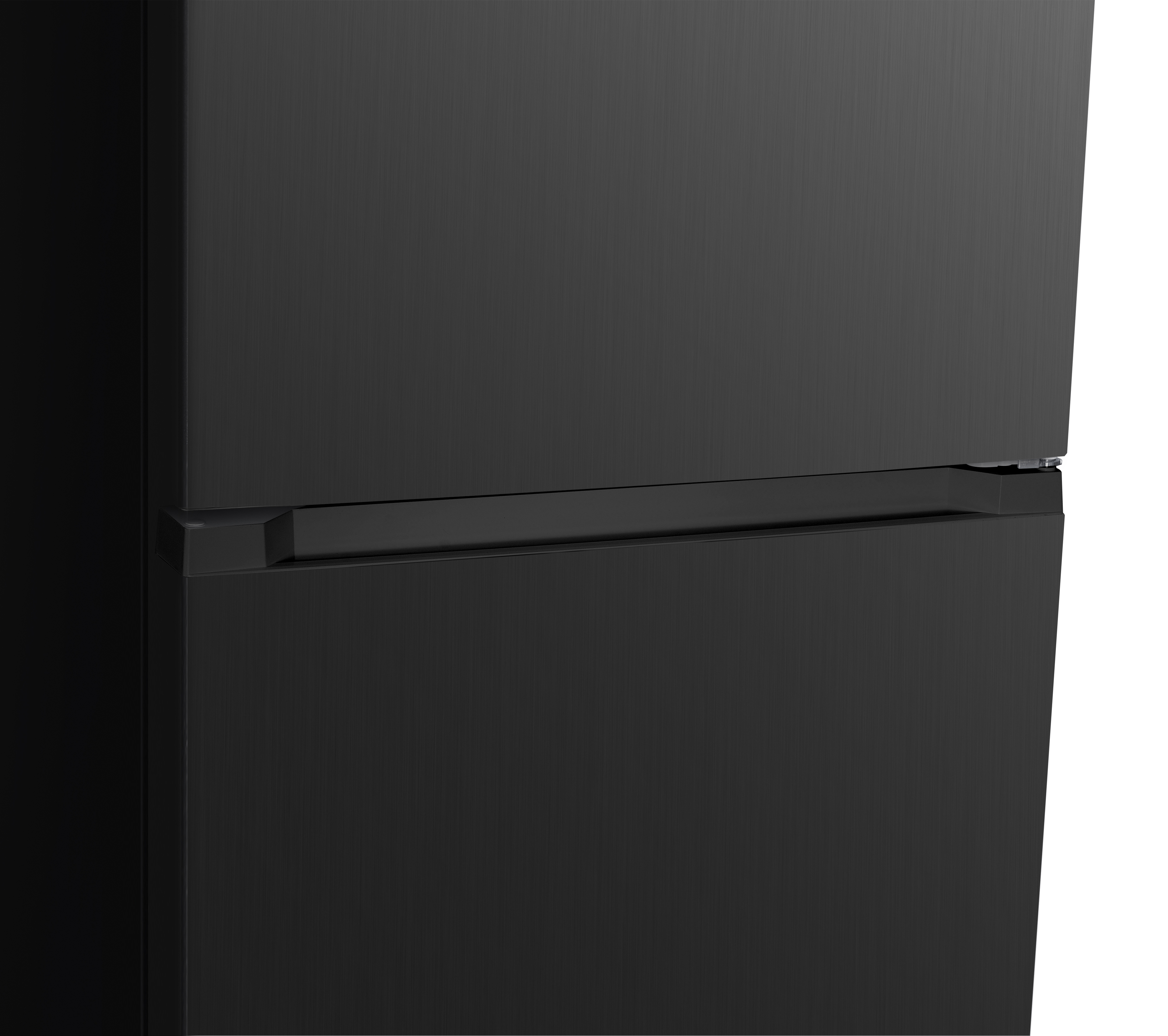 Close-up of a matte black refrigerator door with an integrated handle.