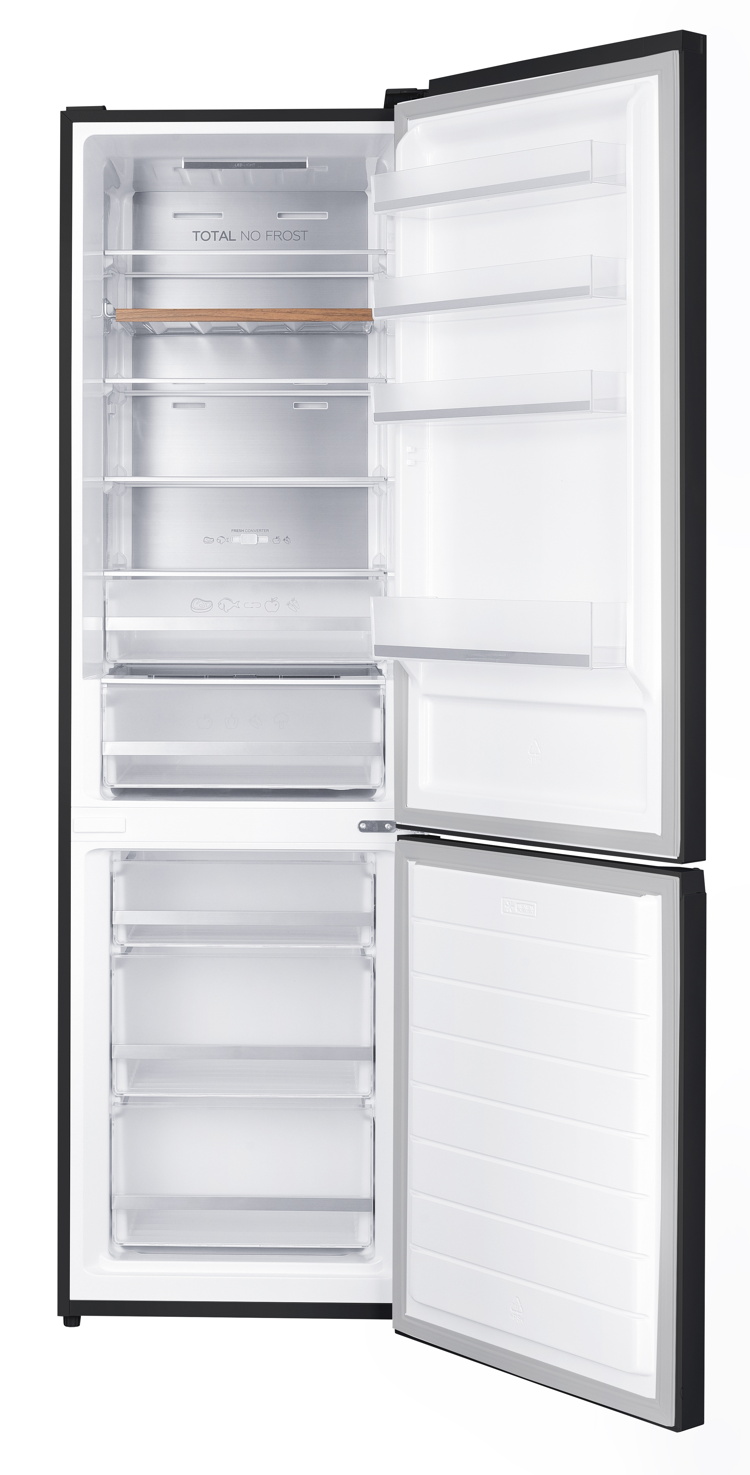 Open black refrigerator featuring no-frost technology and bright metal shelves.
