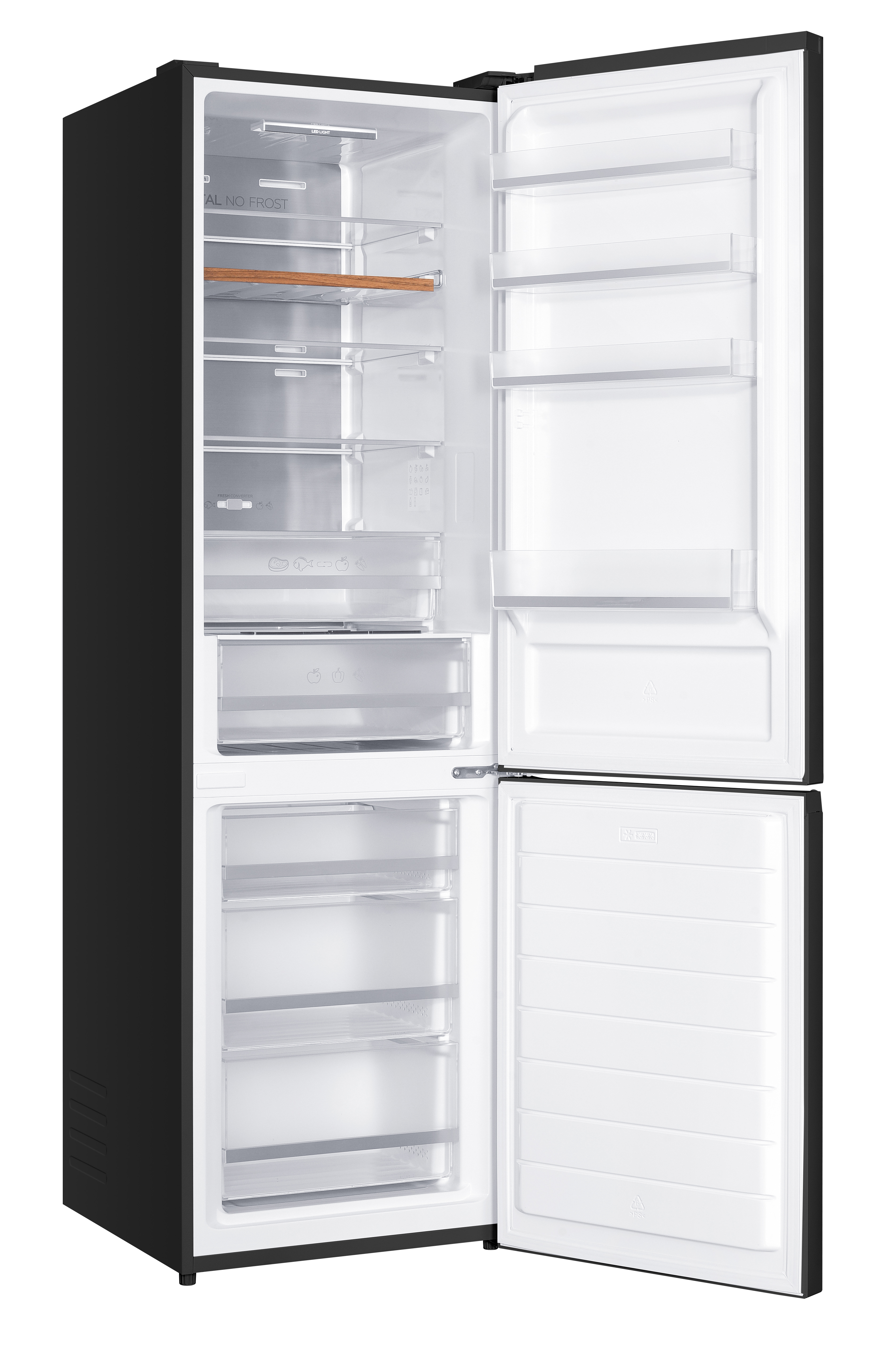 Open black refrigerator with open doors, shelves, and freezer drawers.