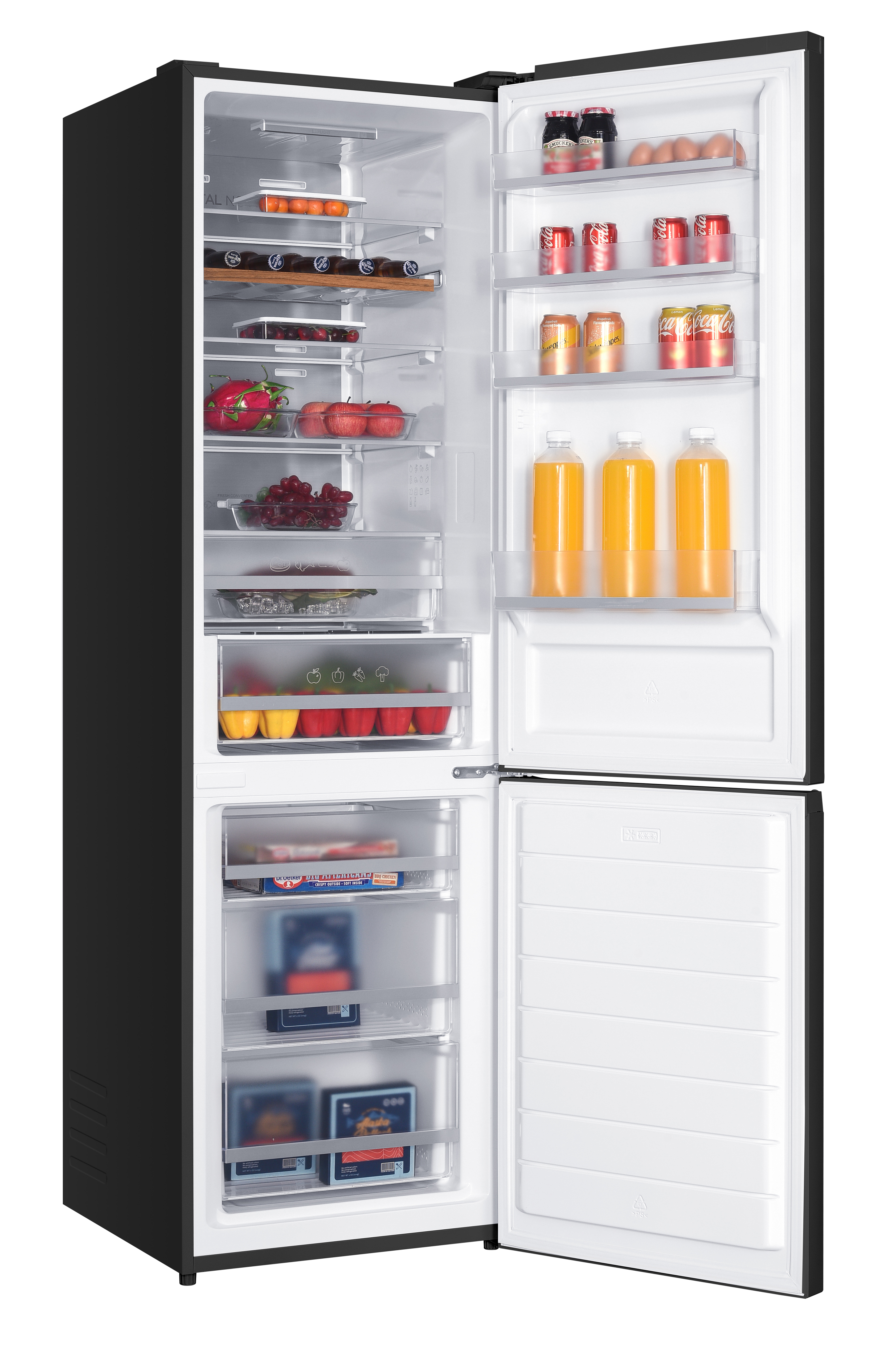 An open black refrigerator with filled shelves and drinks in the door compartments.