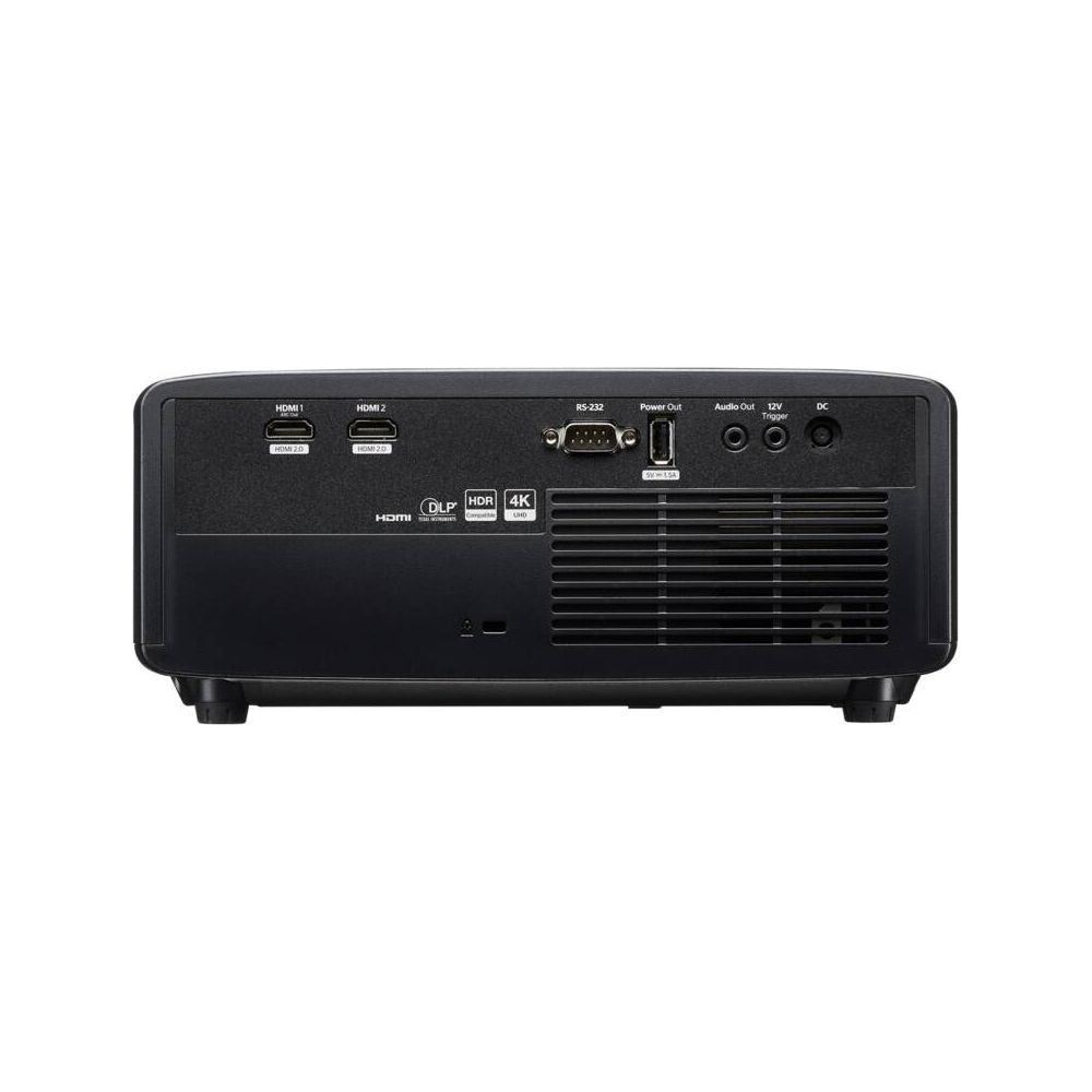 Czarny tylny panel projektora z portami HDMI, RS-232, USB, audio i DC oraz logo DLP, HDR i 4K.