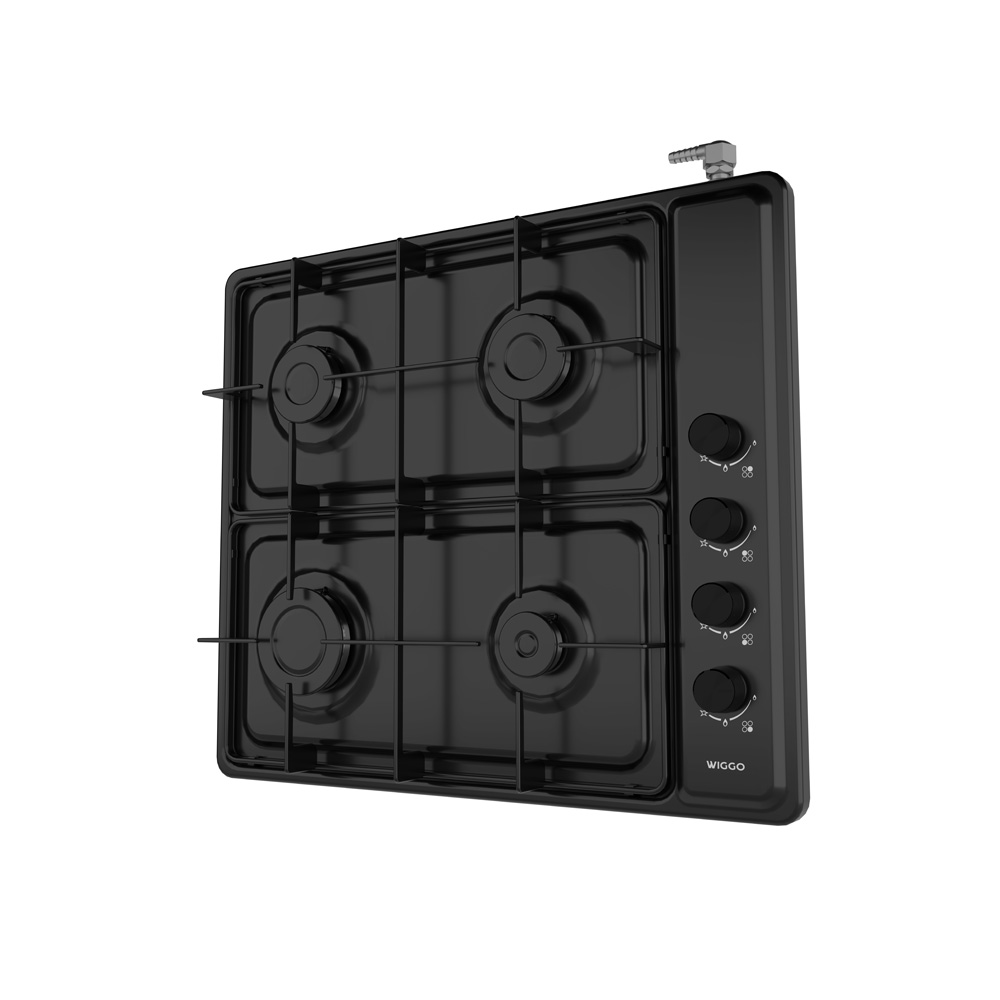 A black four-burner gas cooktop with control knobs on the side and a gas inlet connector on top.