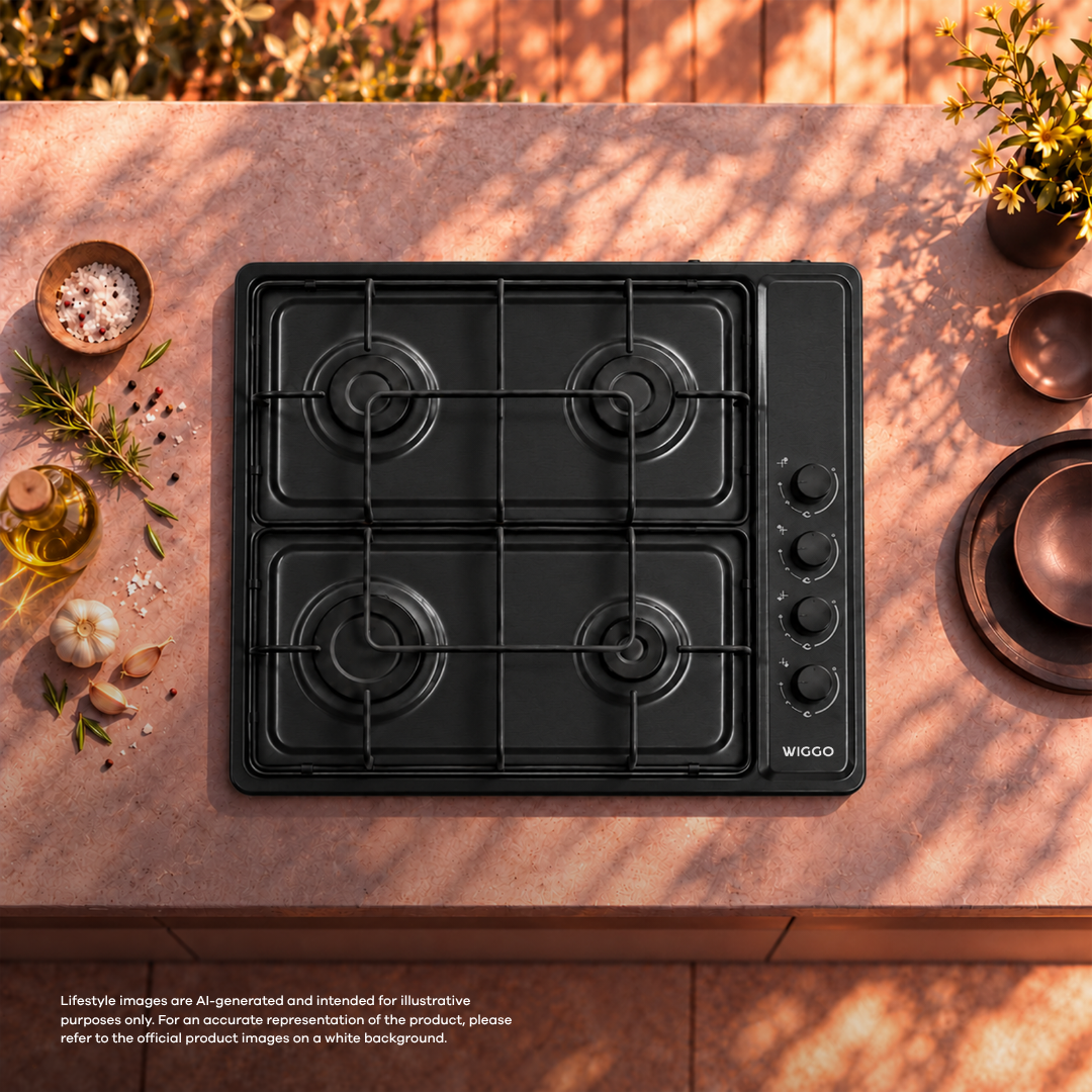 A black WIGGO gas cooktop on a pink stone countertop with herbs, oil, spices, and bowls.