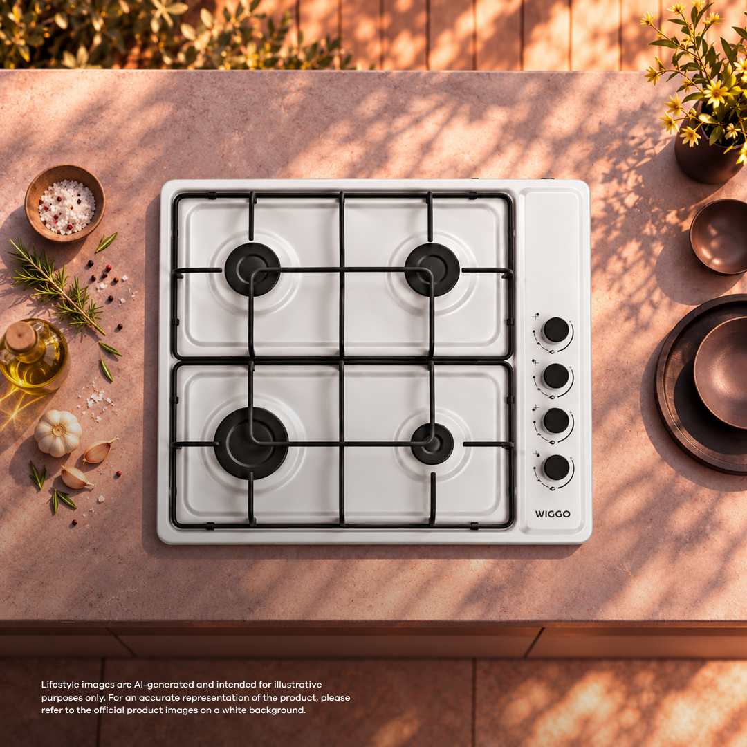 White Wiggo gas hob with four burners and black knobs, surrounded by spices on a countertop.