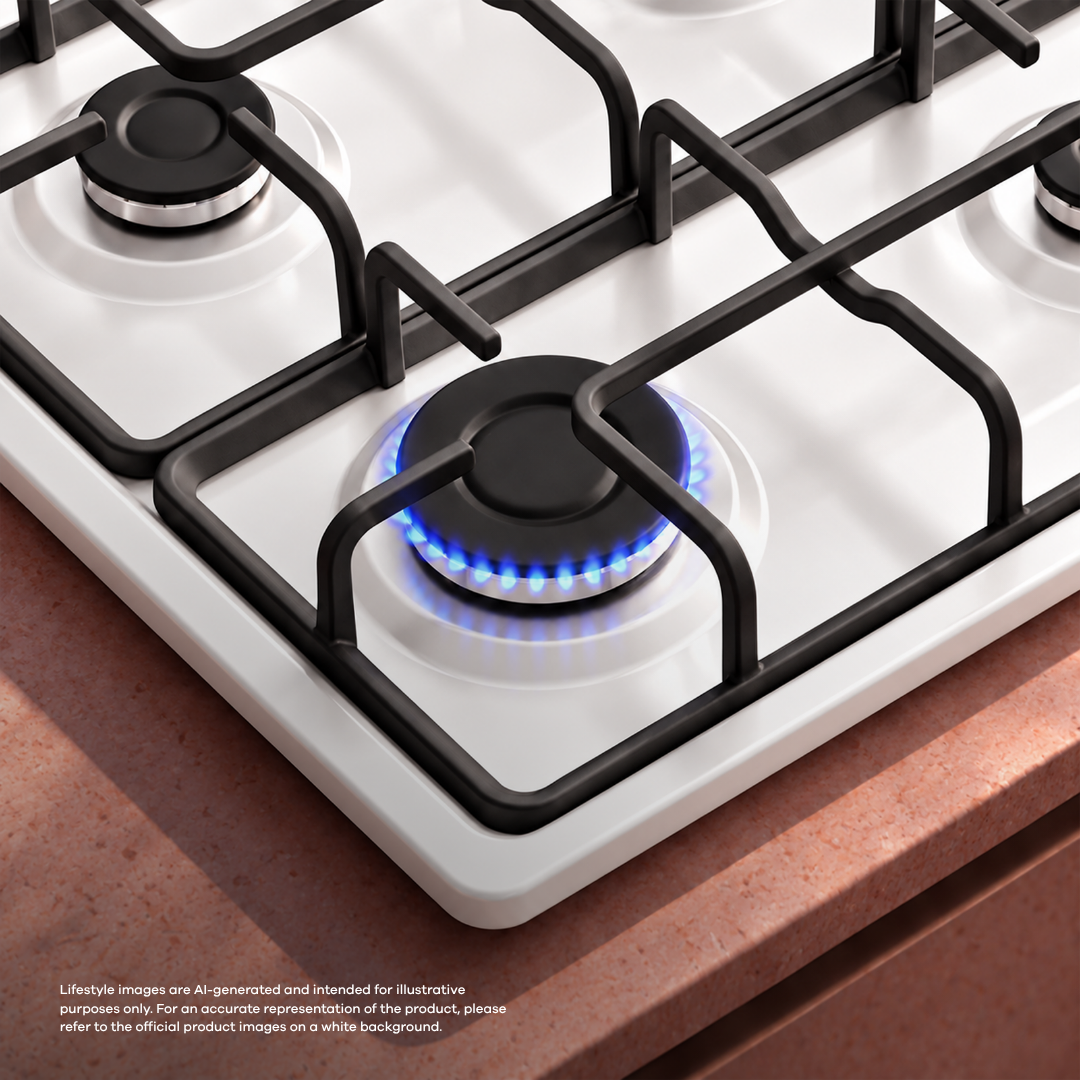 White gas cooktop featuring black grates and a single burner lit with blue flames.