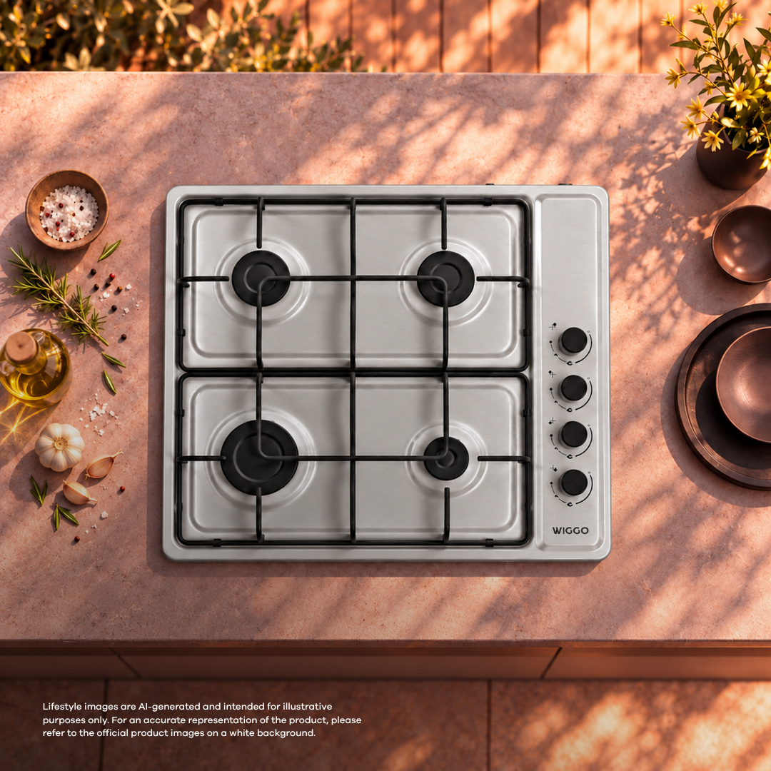 A silver Wiggo gas hob with four burners and black controls, surrounded by spices on a pink countertop.