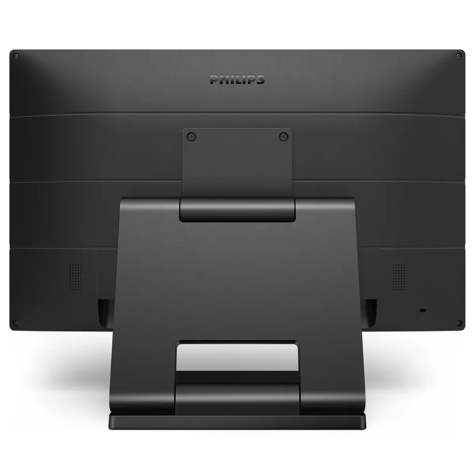Back view of a black Philips monitor with an adjustable stand on a white background.