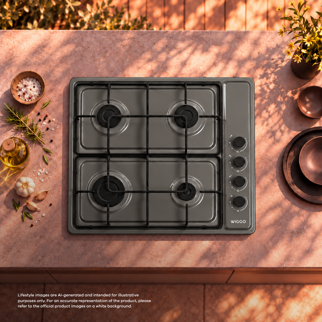 Grey gas cooktop on pink marble with herbs, spices, olive oil, and tableware.