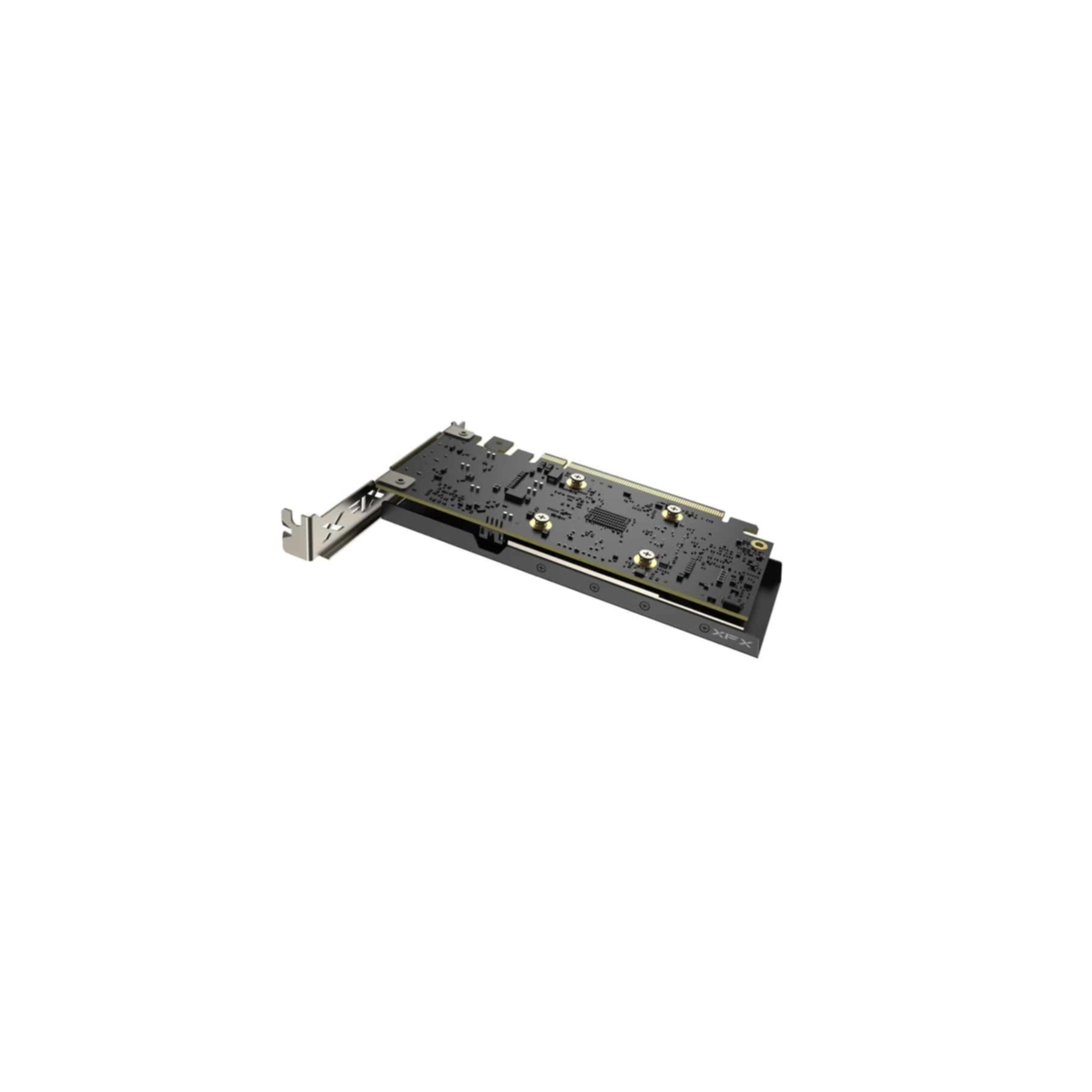 Una scheda grafica XFX nera su sfondo bianco, che mostra il lato anteriore con viti.