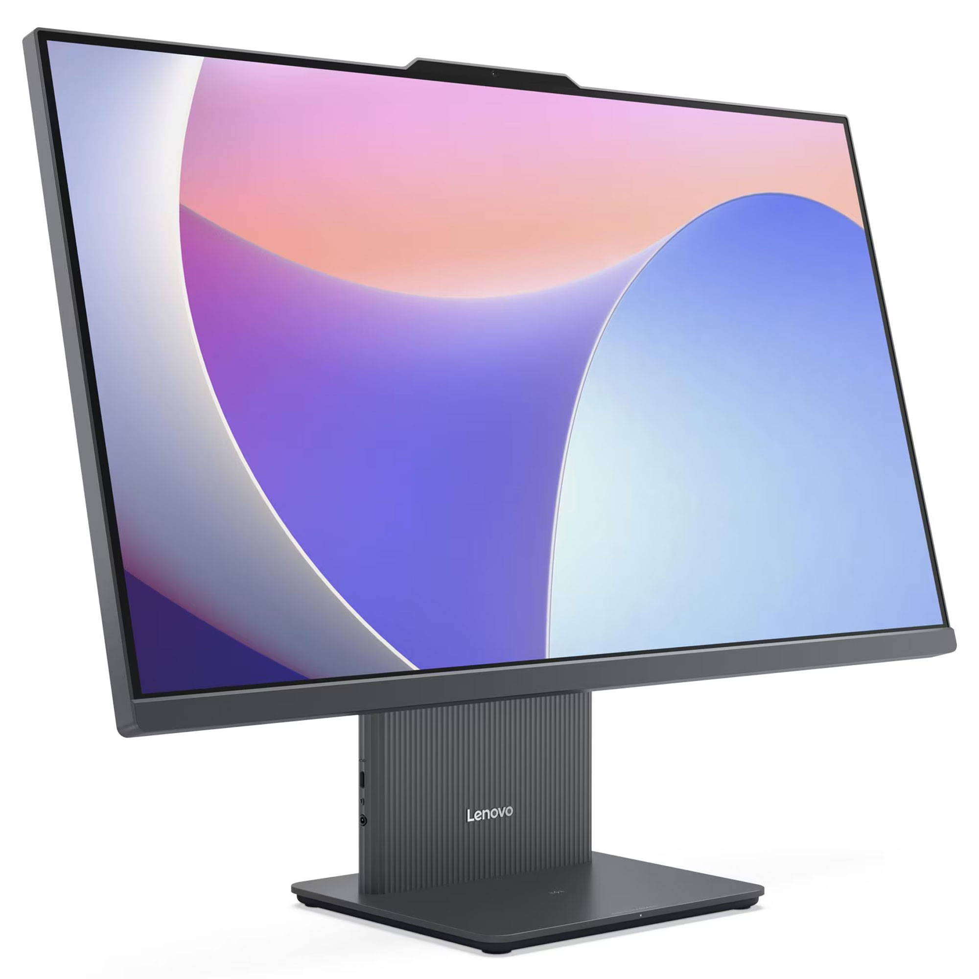 Beyaz arkaplanda renkli soyut duvar kağıdına ve koyu gri standa sahip bir Lenovo bilgisayar monitörü.