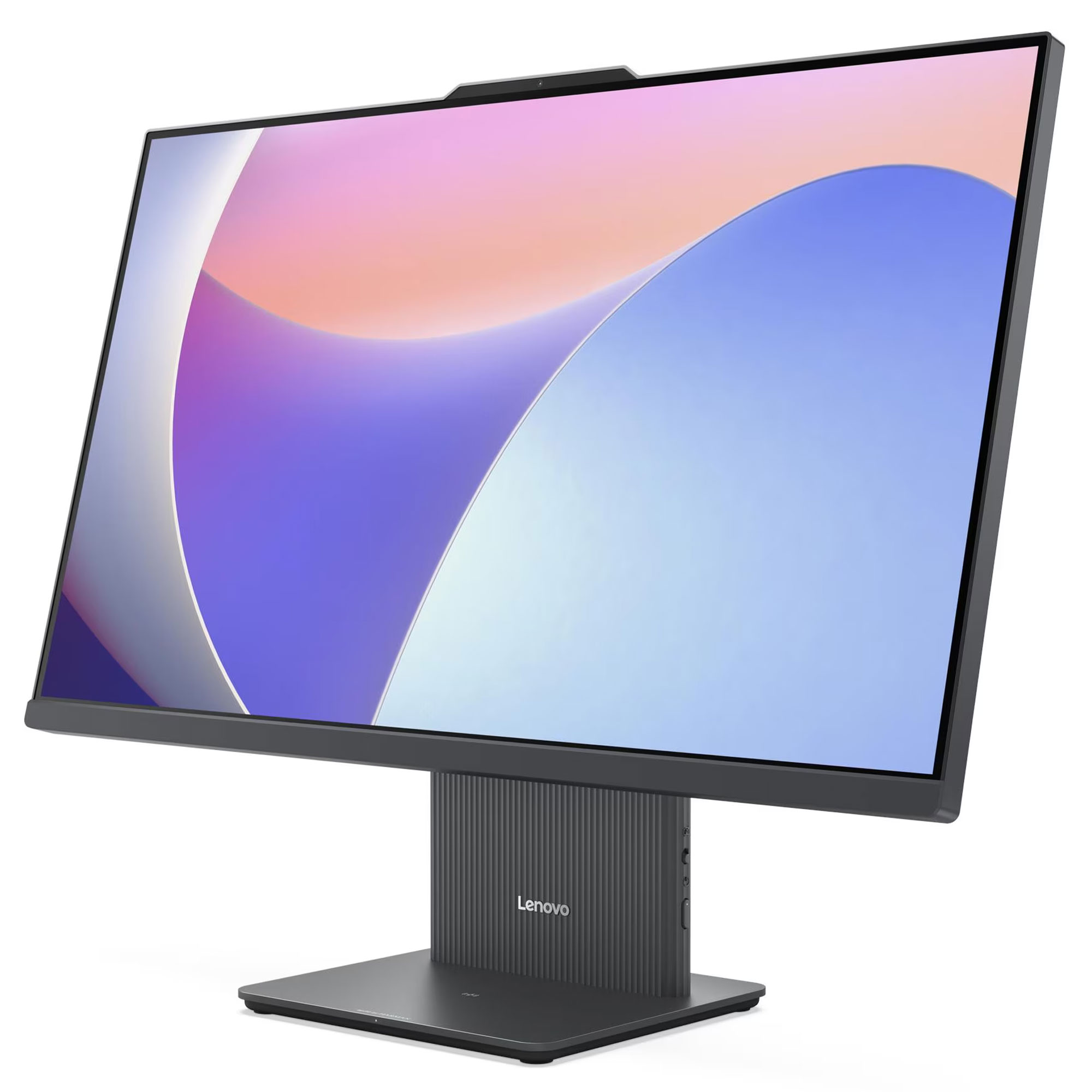 İnce çerçeveli ve renkli dalga duvar kağıdına sahip modern bir Lenovo monitör.