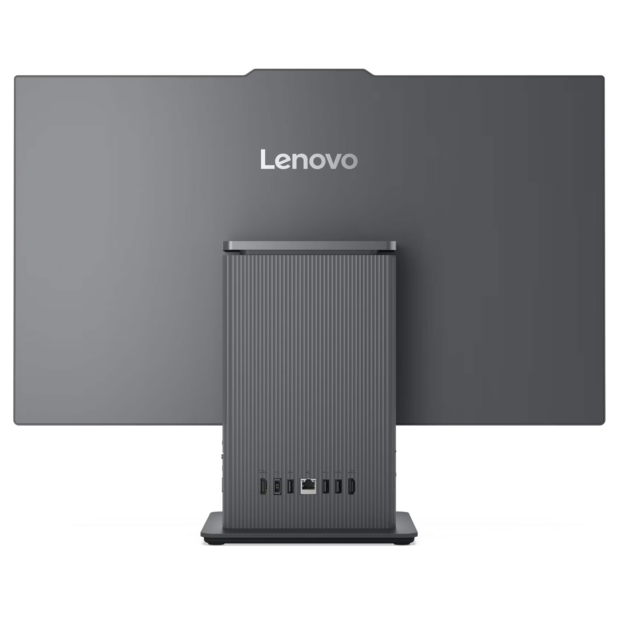 Dikey ayaklı ve çeşitli bağlantı noktalarına sahip gri renkli bir Lenovo monitörün arkası.