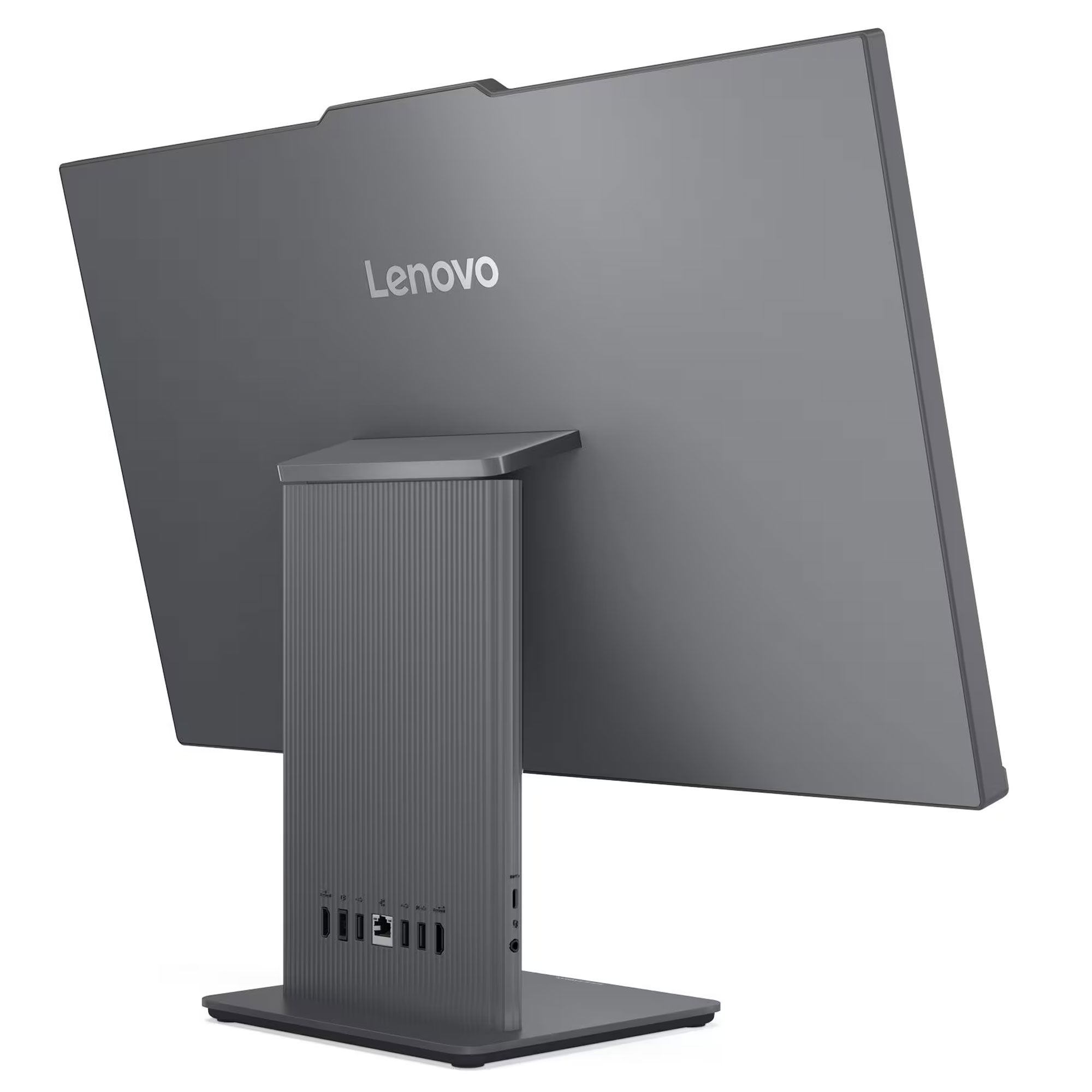 Alt kısımda çok sayıda bağlantı noktası olan, entegre standlı gri bir Lenovo monitörün arkadan görünümü.