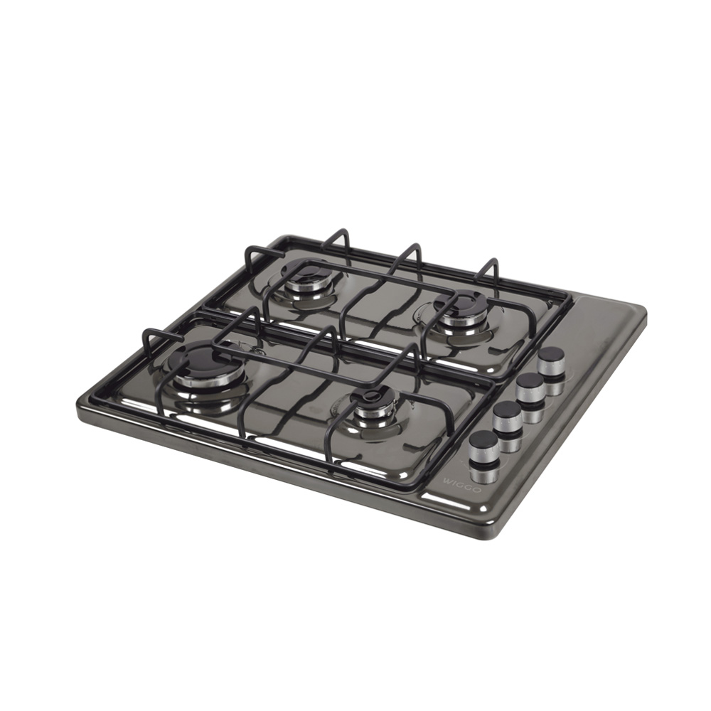 A gray gas stove with four burners and silver control knobs.