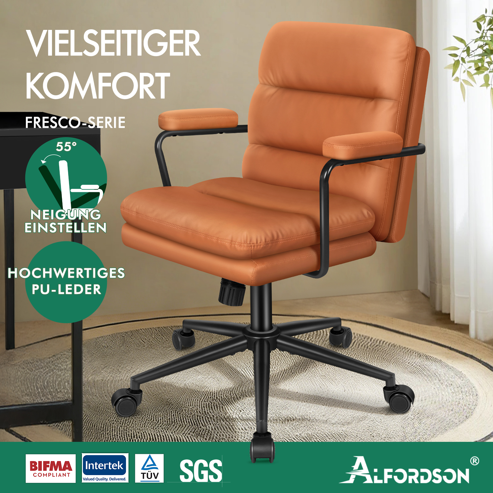Ein oranger Bürostuhl mit schwarzem Metallgestell steht auf einem runden Teppich.