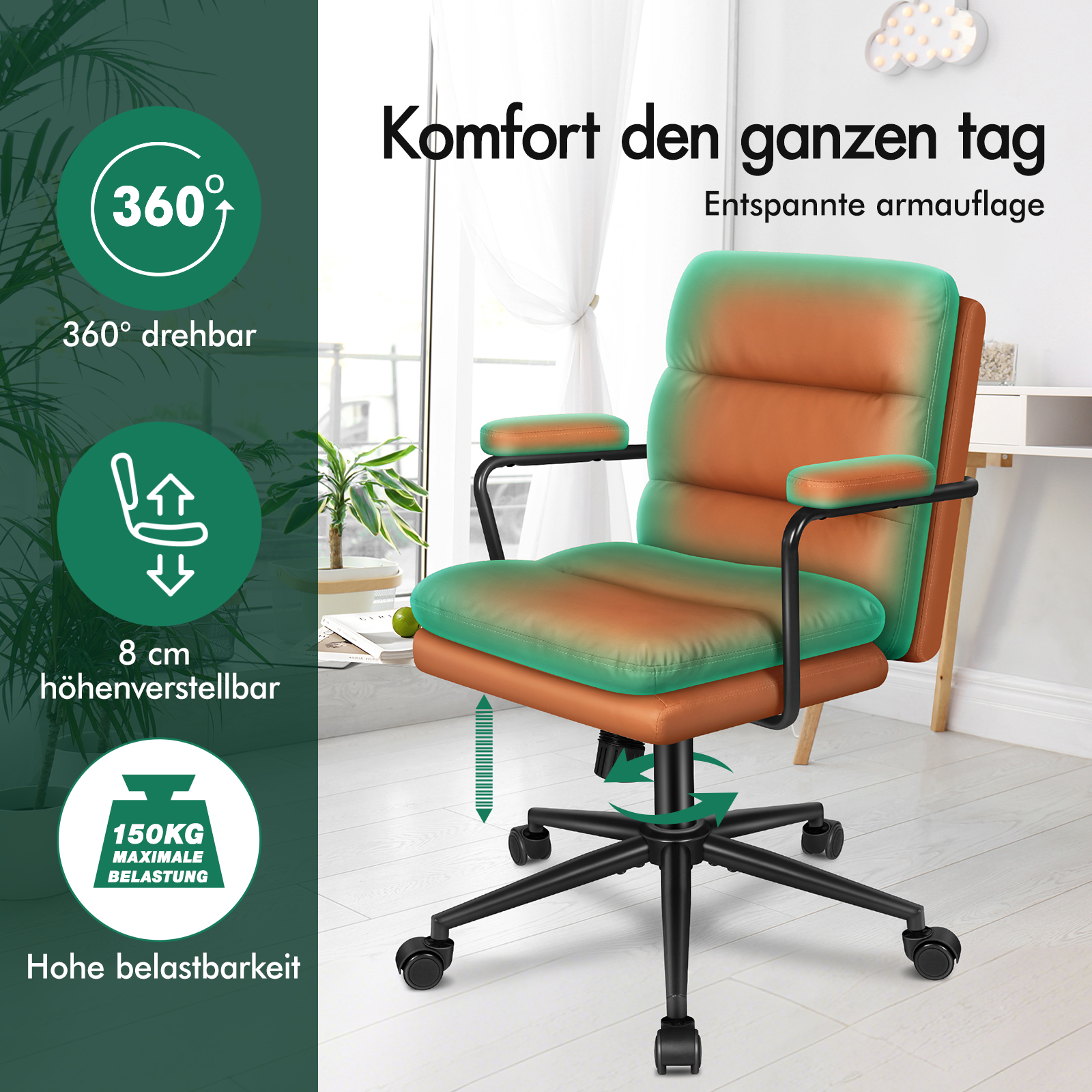 Ein orange-türkiser Drehstuhl mit Rollen in einem Raum mit Text und Icons für Funktionen.