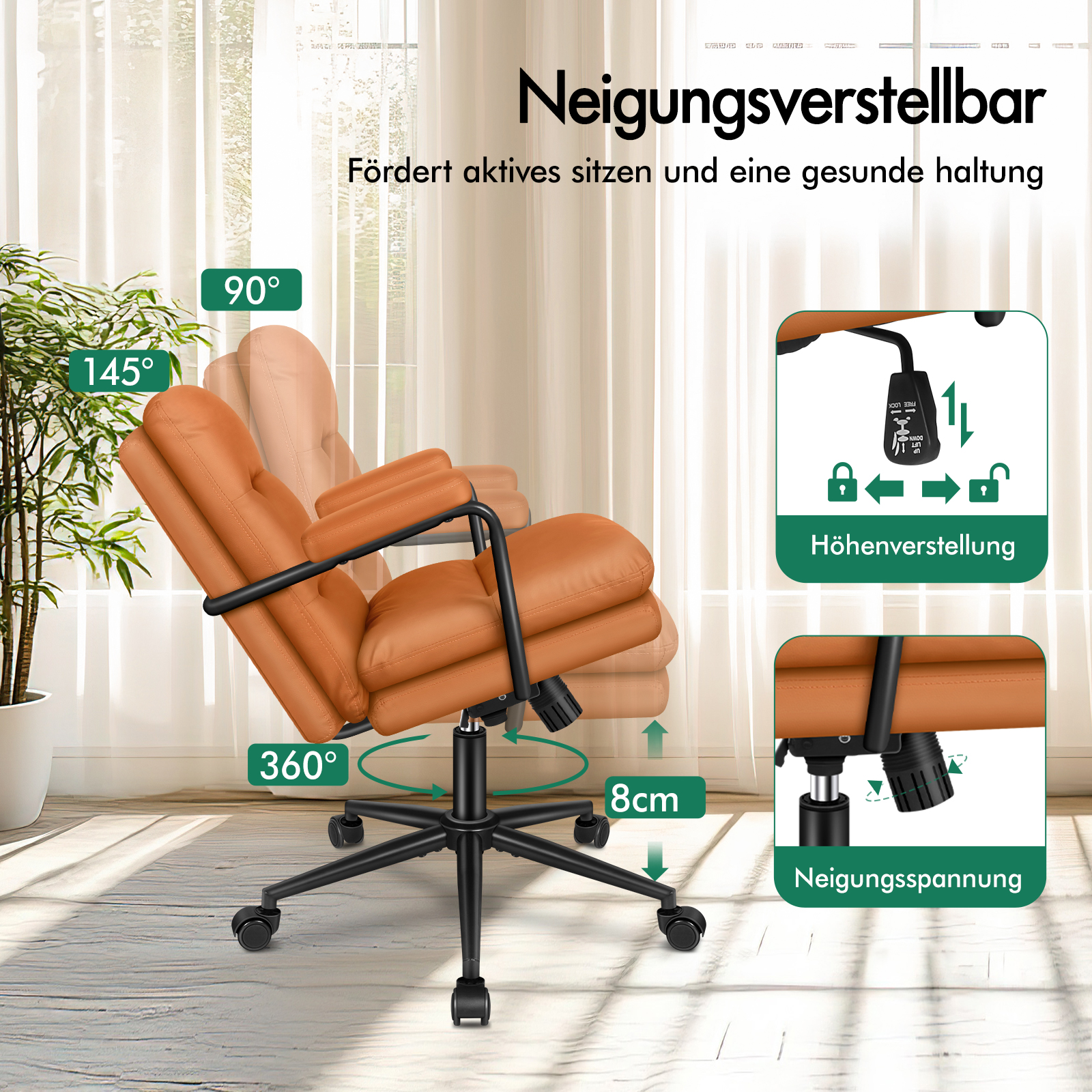 Verstellbarer brauner Bürostuhl mit Rollen und Grafiken zur Höhen- und Neigungsverstellung vor einem Fenster.