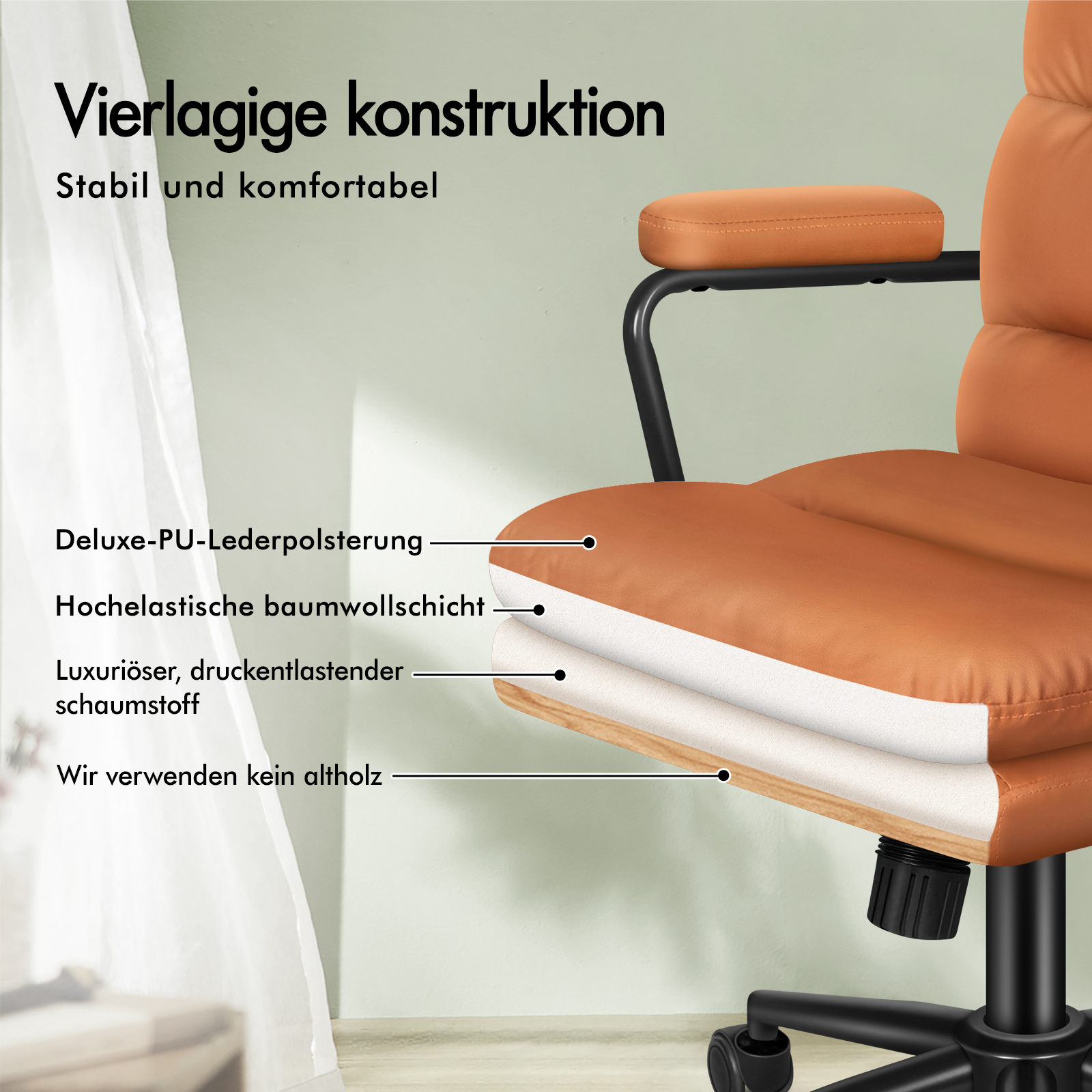 Diagramm der Schichten eines braunen Buerostuhls mit Text auf Deutsch.
