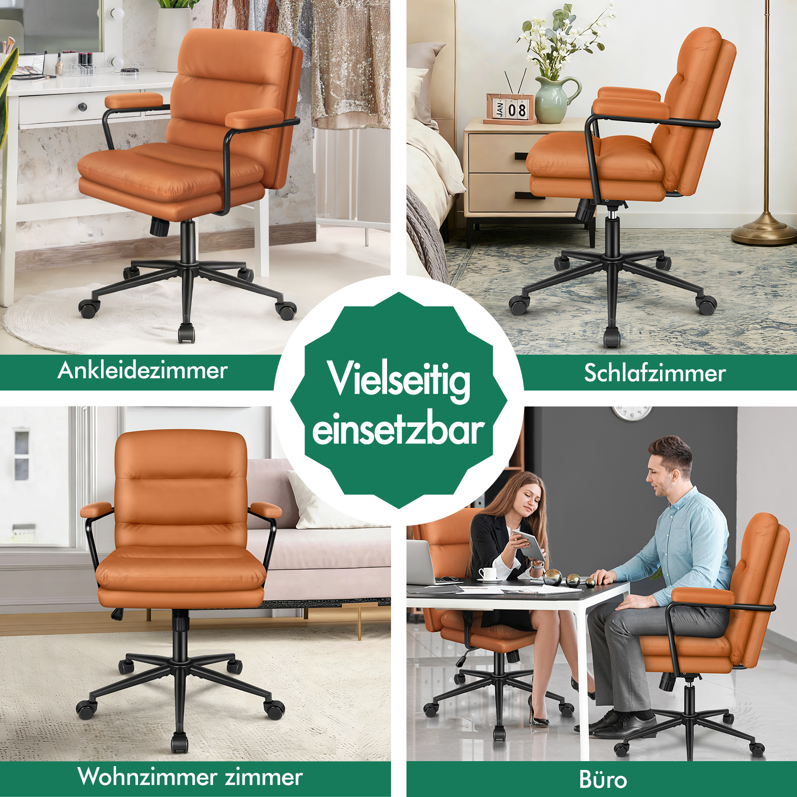 Ein orangefarbener Leder-Bürostuhl in Ankleidezimmer, Schlafzimmer, Wohnzimmer und Büro.