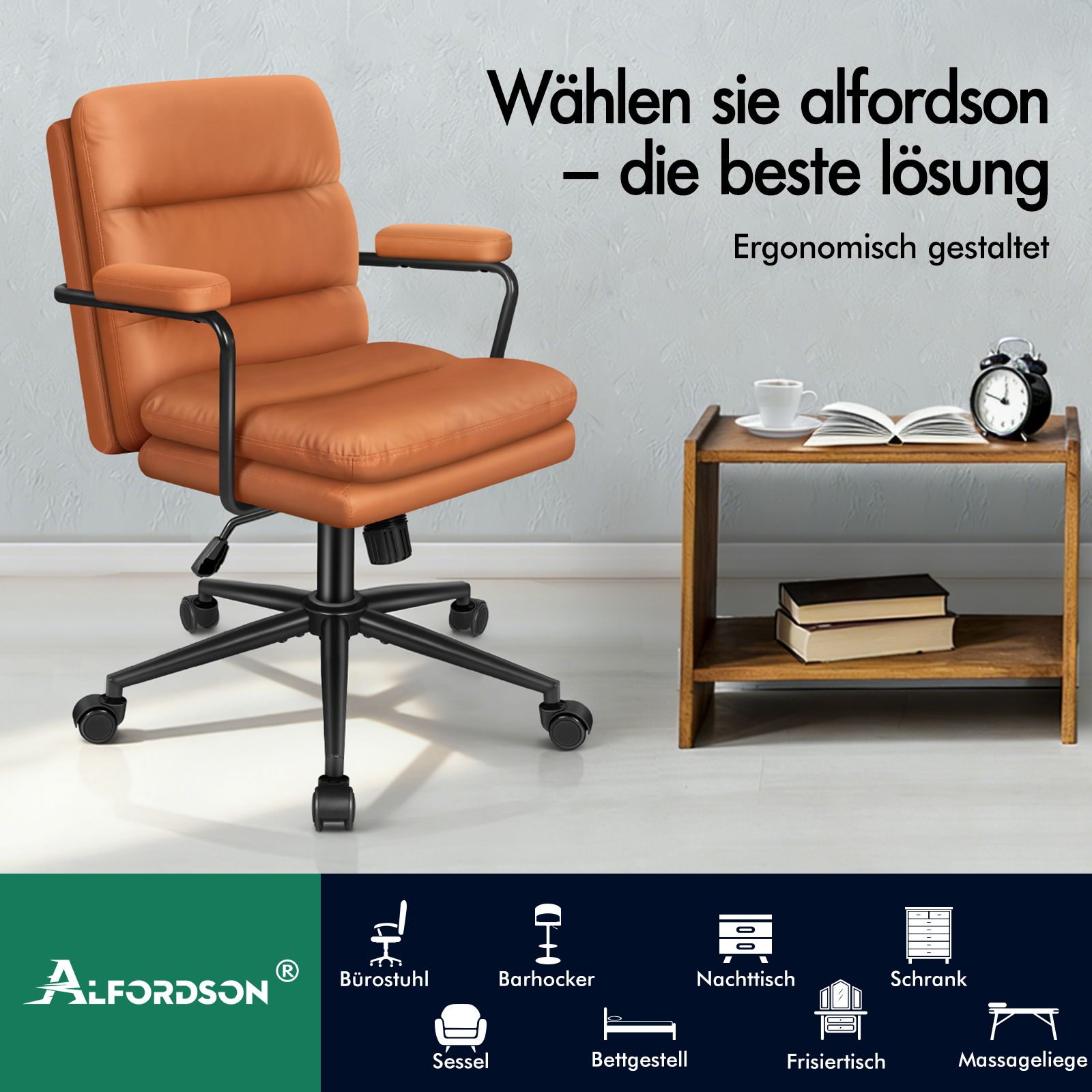 Ein brauner Ledersessel mit schwarzen Rollen steht in einem Raum neben einem kleinen Holztisch mit Büchern und Uhr.