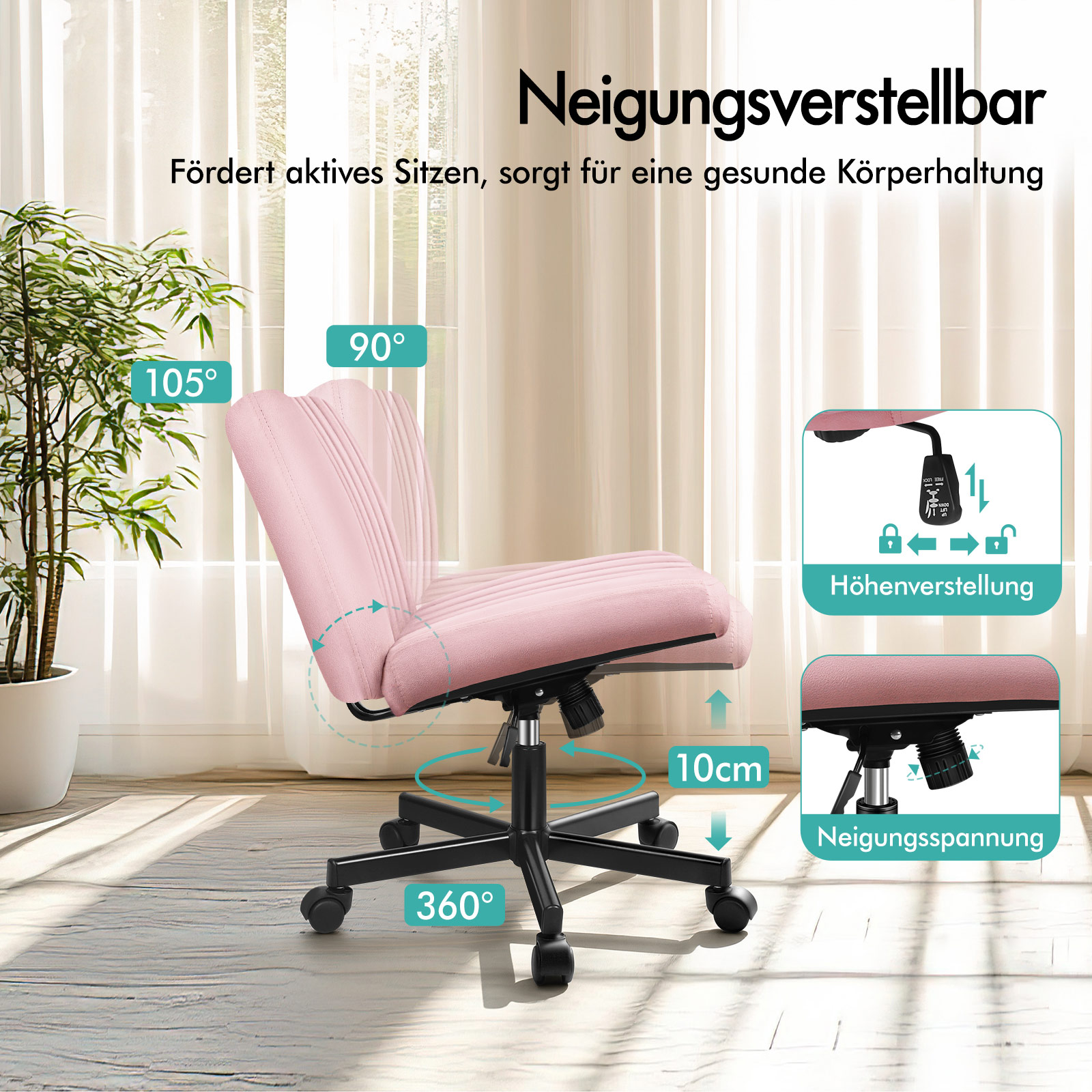 Rosa ergonomischer Buerostuhl mit verstellbarer Hoehe und Neigung.