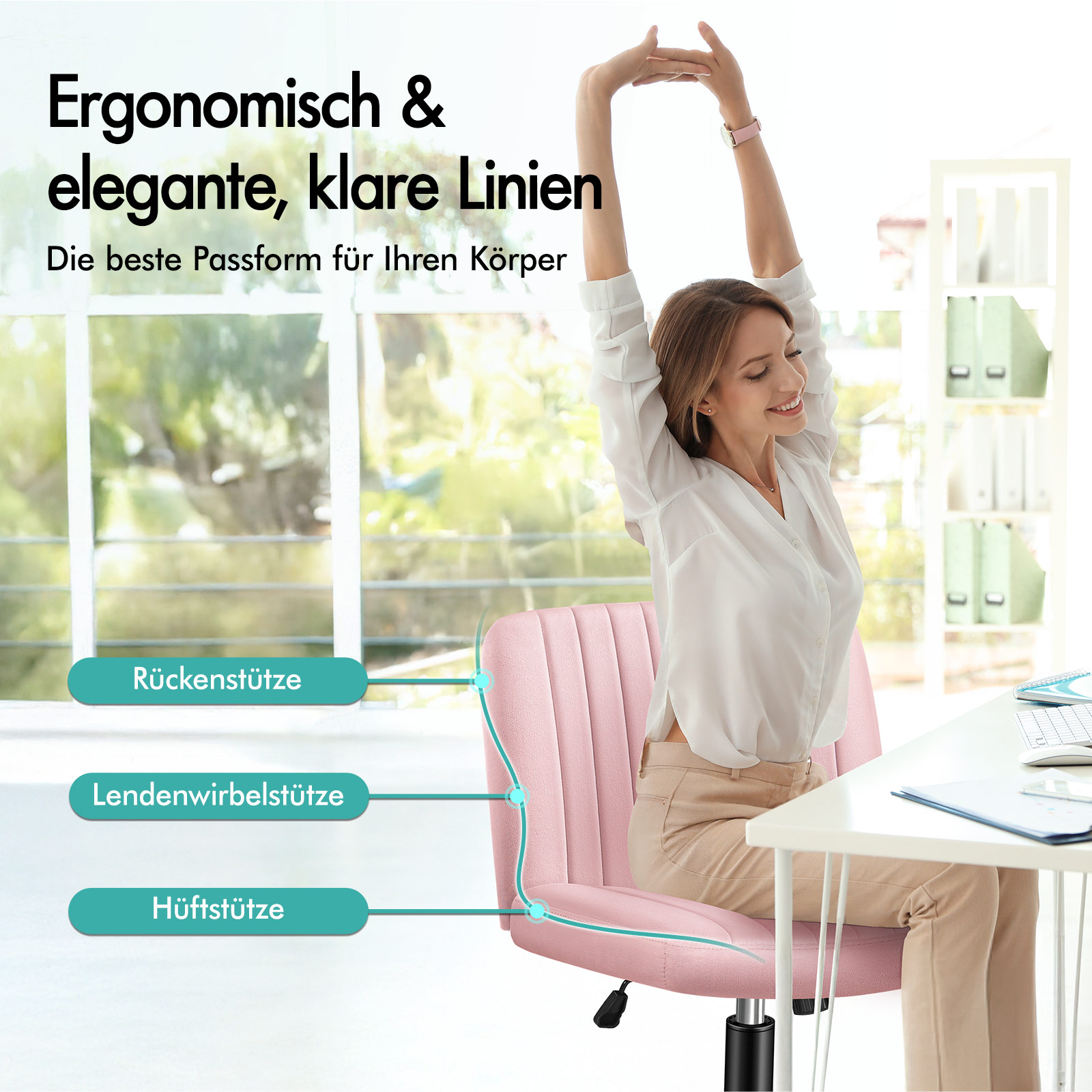 Frau sitzt entspannt in ergonomischem, rosa Schreibtischstuhl und streckt sich.