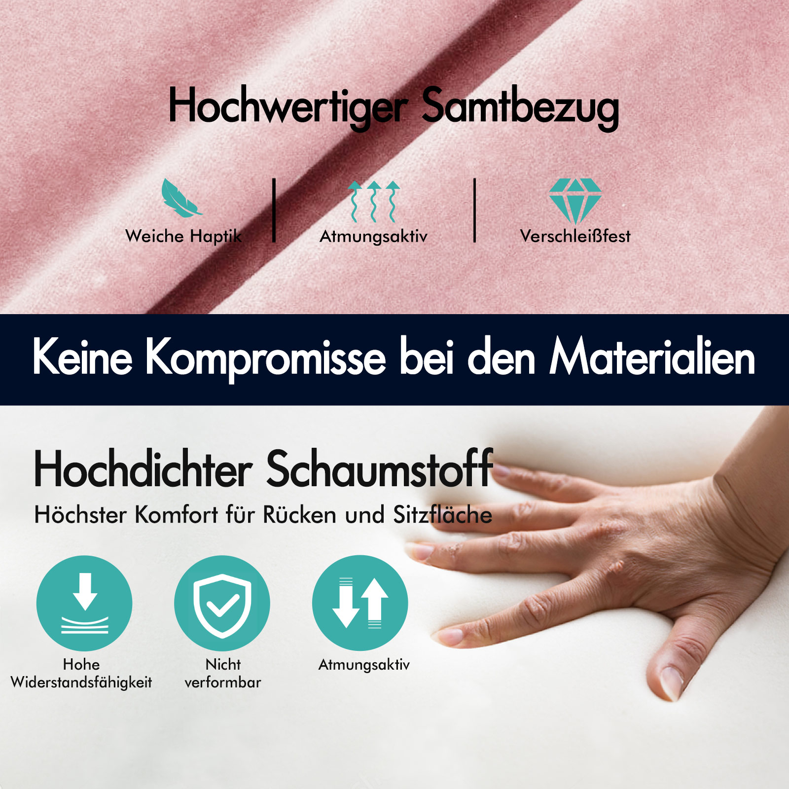 Werbebild zeigt rosa Samtbezug und hochdichten Schaumstoff mit Hand.