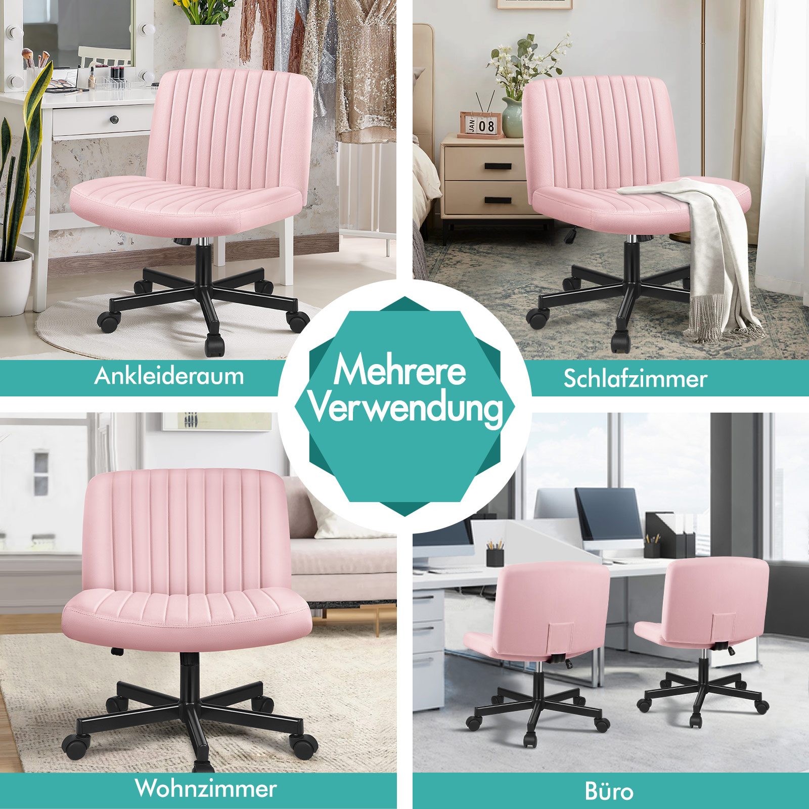 Vierteiliges Bild mit einem rosa Samt-Bürostuhl in Ankleide, Schlaf-, Wohnzimmer und Büro.
