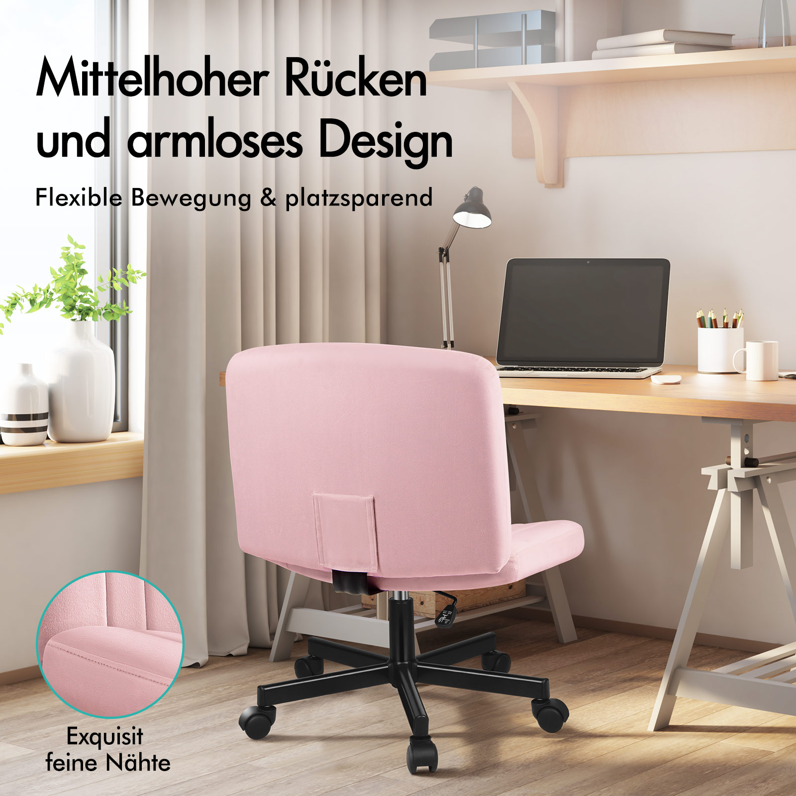 Ein rosafarbener Bürostuhl steht an einem Schreibtisch mit Laptop in einem hellen Zimmer mit Text.