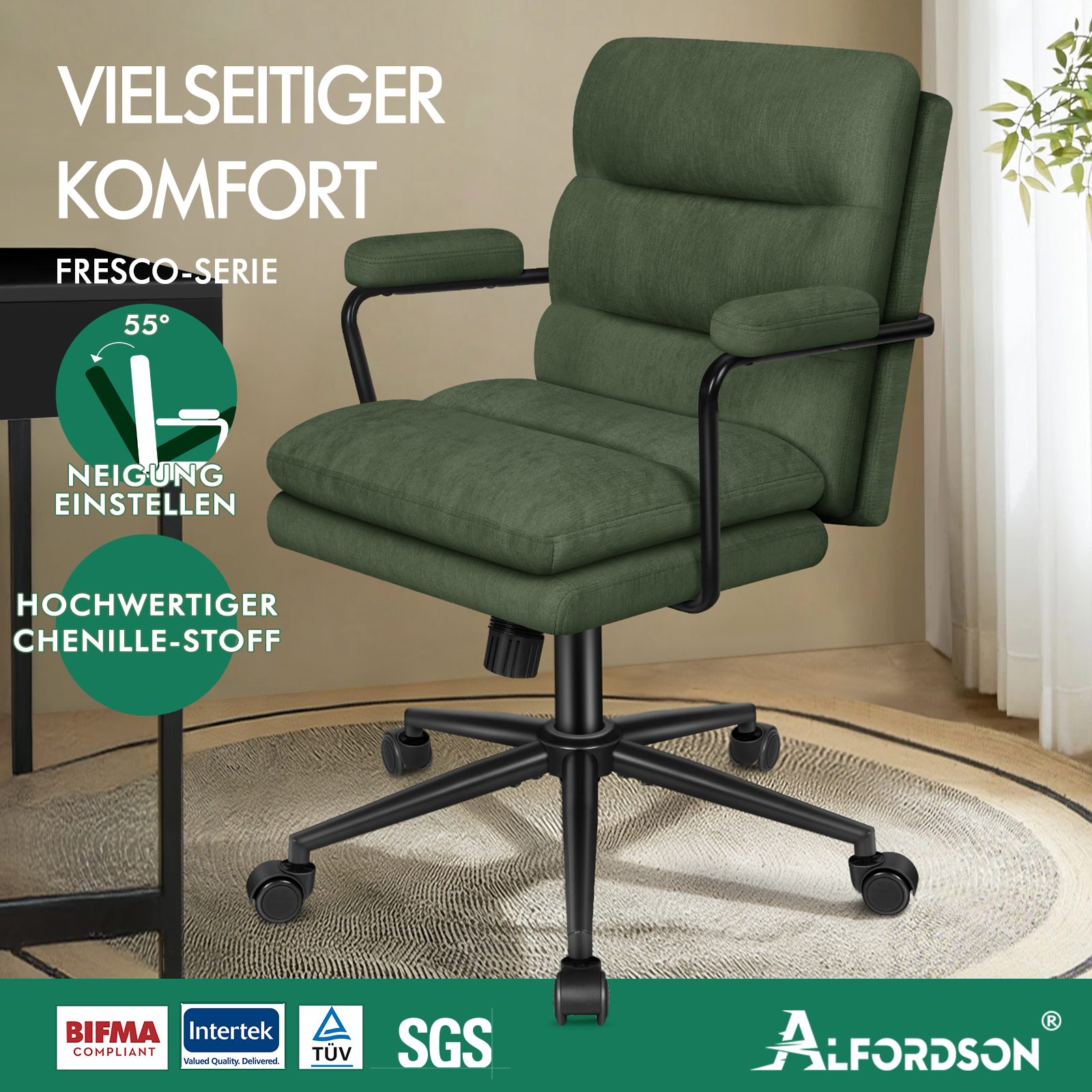 Grüner Bürostuhl mit schwarzen Armlehnen und Rollen auf rundem Teppich, mit deutschem Text und Logos.