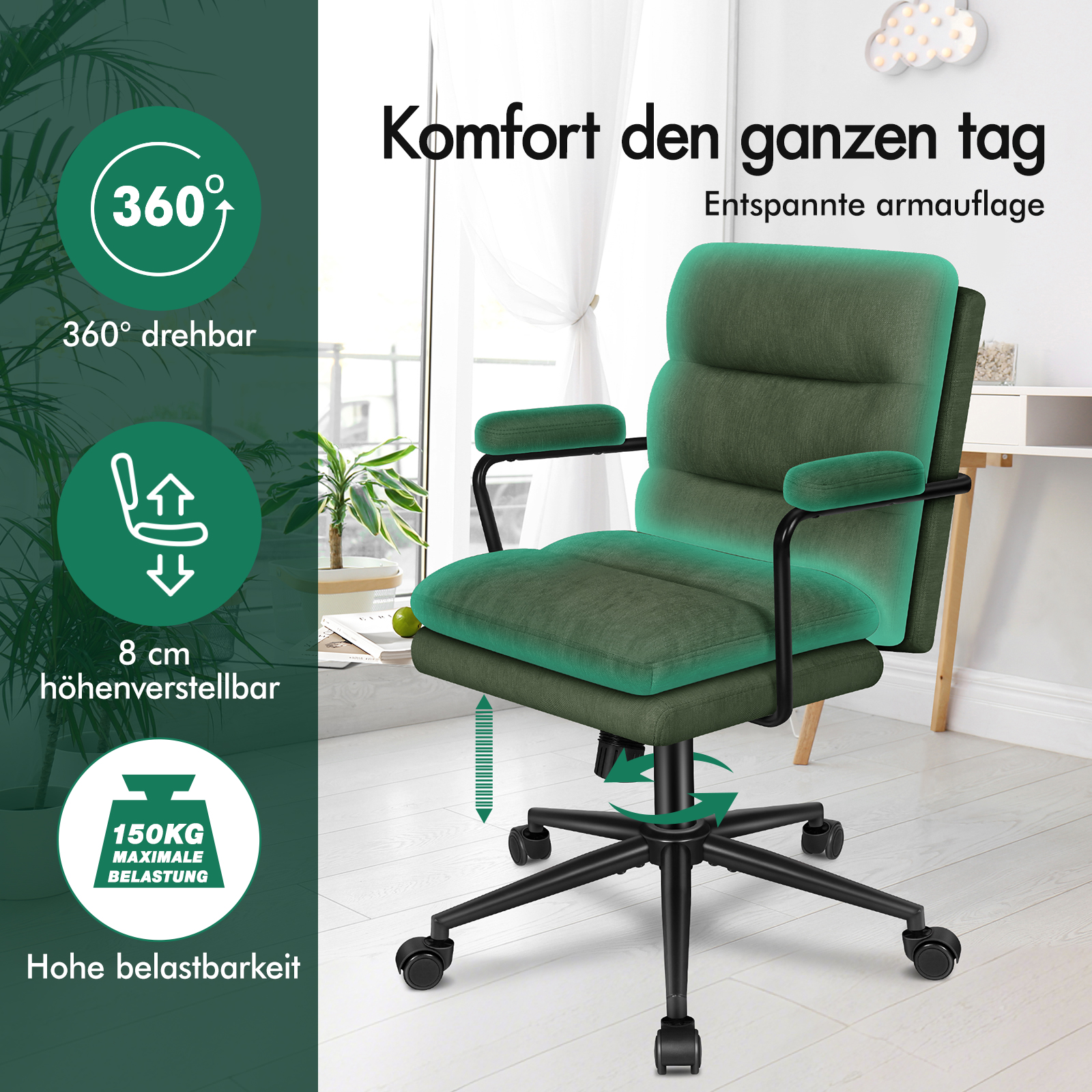 Ein grüner Bürostuhl mit schwarzen Armlehnen und Rollen, links mit Produktsymbolen versehen.